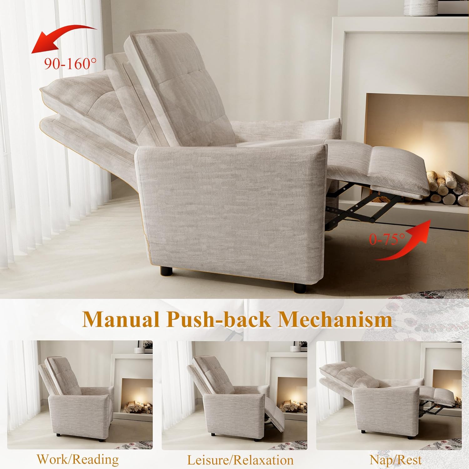 Recliner Chair for Women, Small Recliners for Small Spaces with High Back, Manual Push Back Nursery Chair Overstuffed High-Density Foam for Nursing Bedroom Living Room (Beige)