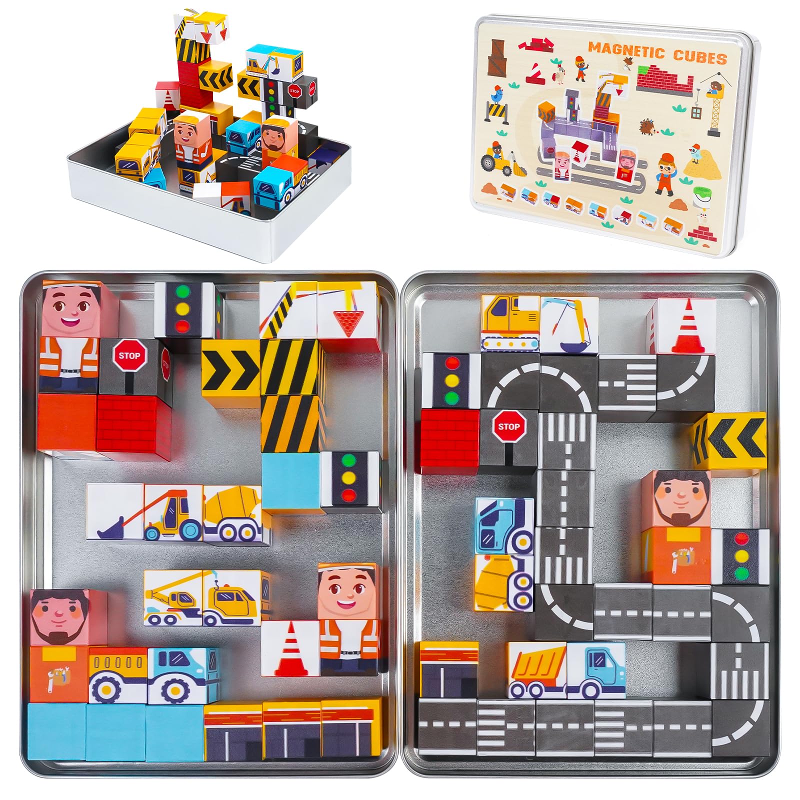 Silkovahamd Travel Magnetic Blocks Toys Portable, 40PCS Construction Magnet Building Tiles Road Trip Activities for Toddlers Kids Ages 3-8, STEM