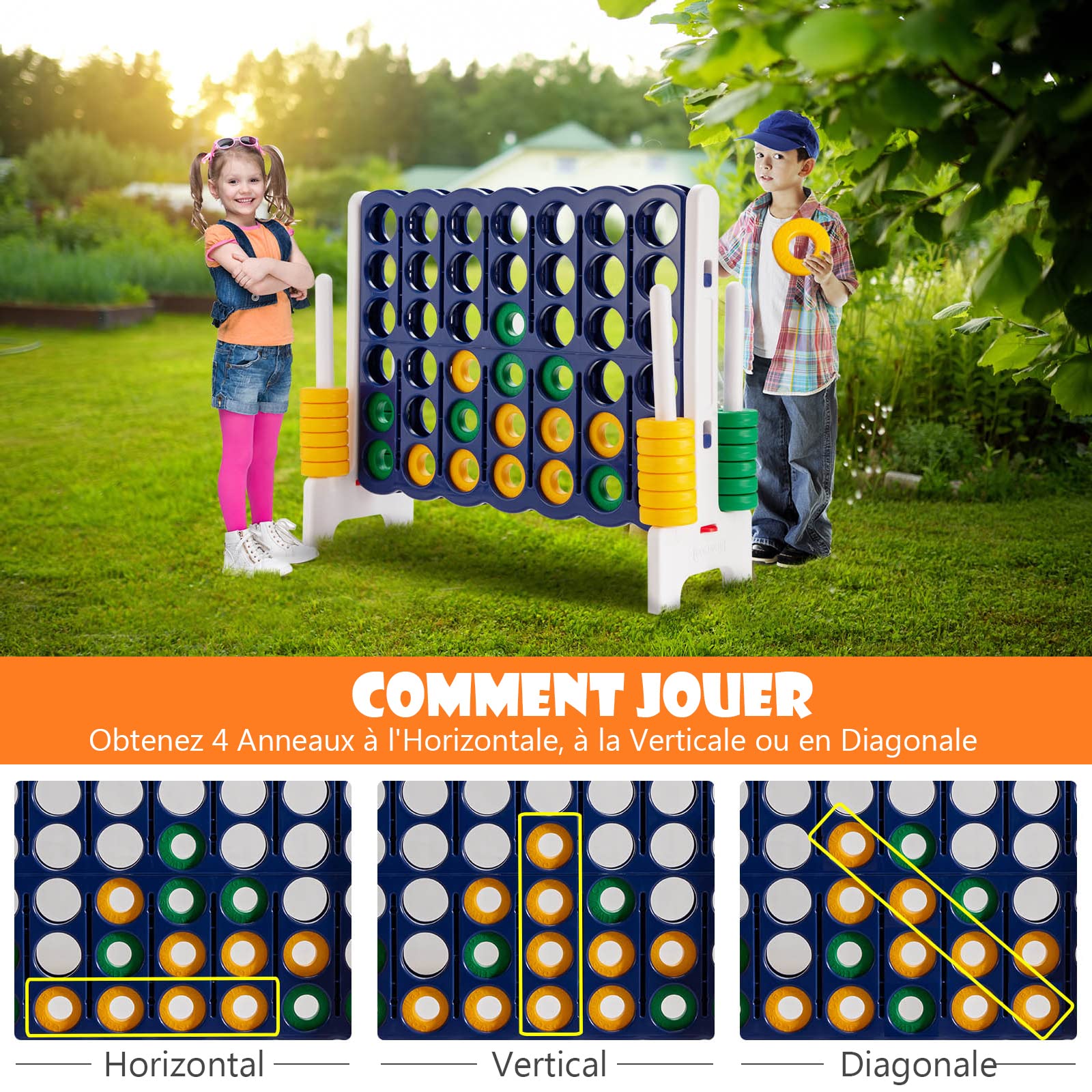 DREAMADE Jeu de Société Puissance 4 Géant pour Enfants 120 x 42 x 104CM avec 42 Anneaux, 4 Shots Géants avec Levier de Réinitialisation du Jeu, pour Réunions de Famille (Bleu Gris)