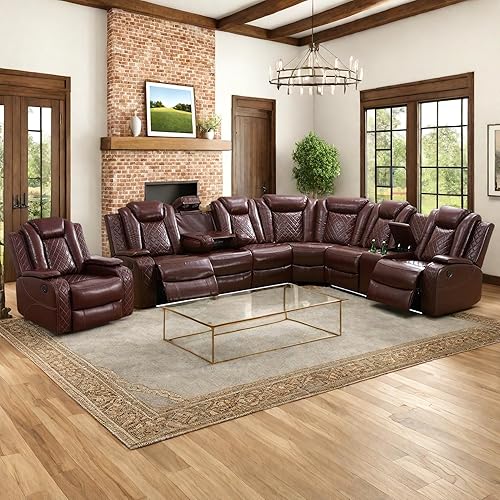 Power Recliner Sofa Sectional Sofa with LED Light for Living Room, Air Leather Reclining Corner Sectional Sofa Set, Cup Holder, Storage Console for Home Theater Seating (Burgundy, Sectional+Chair)
