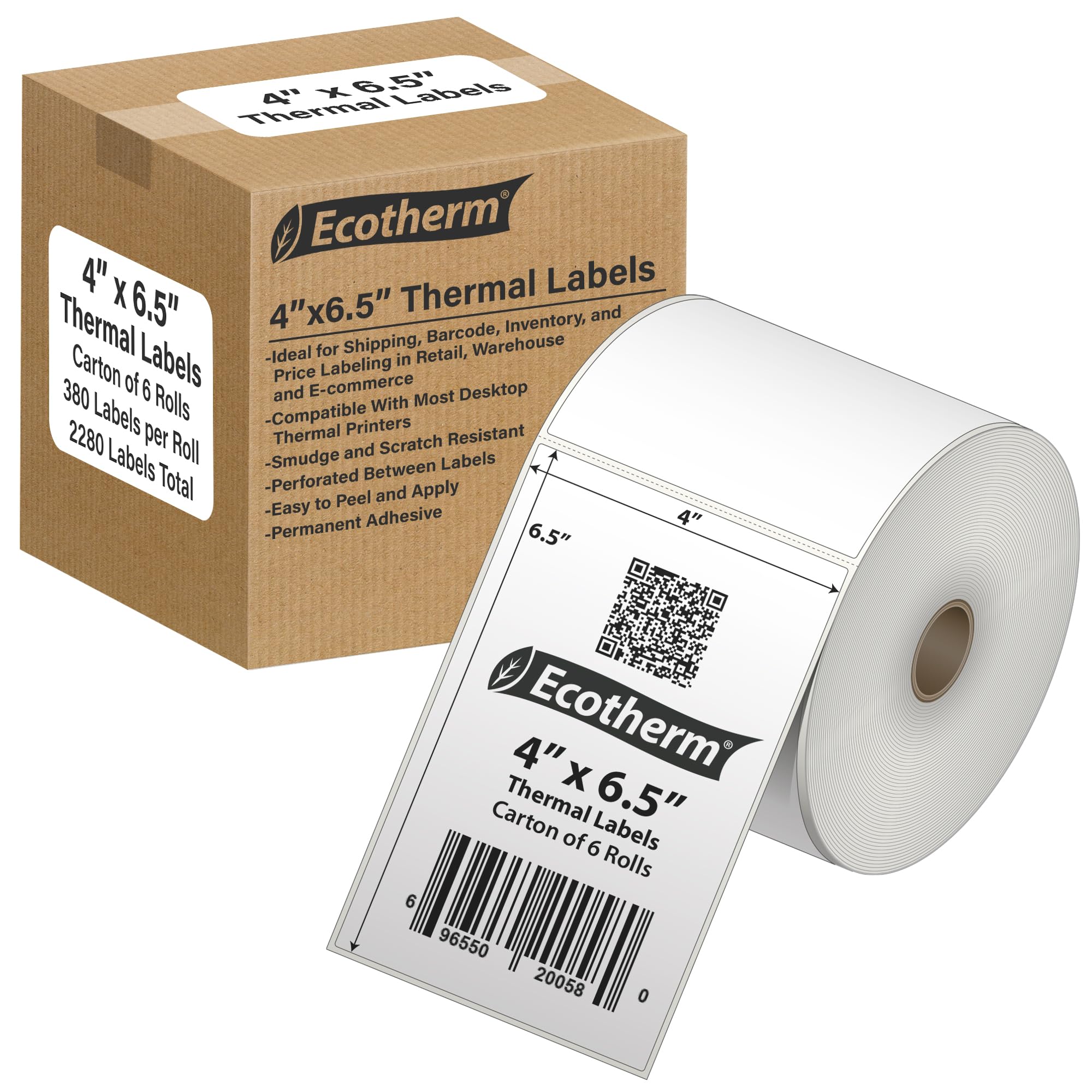 4 x 6,5 bezpośrednie naklejki termiczne na papier, 2280 etykiet, 380 etykiet na rolkę, 6 rolek - do drukarek termicznych Datamax, Intermec, Sato, TSC, Zebra Direct