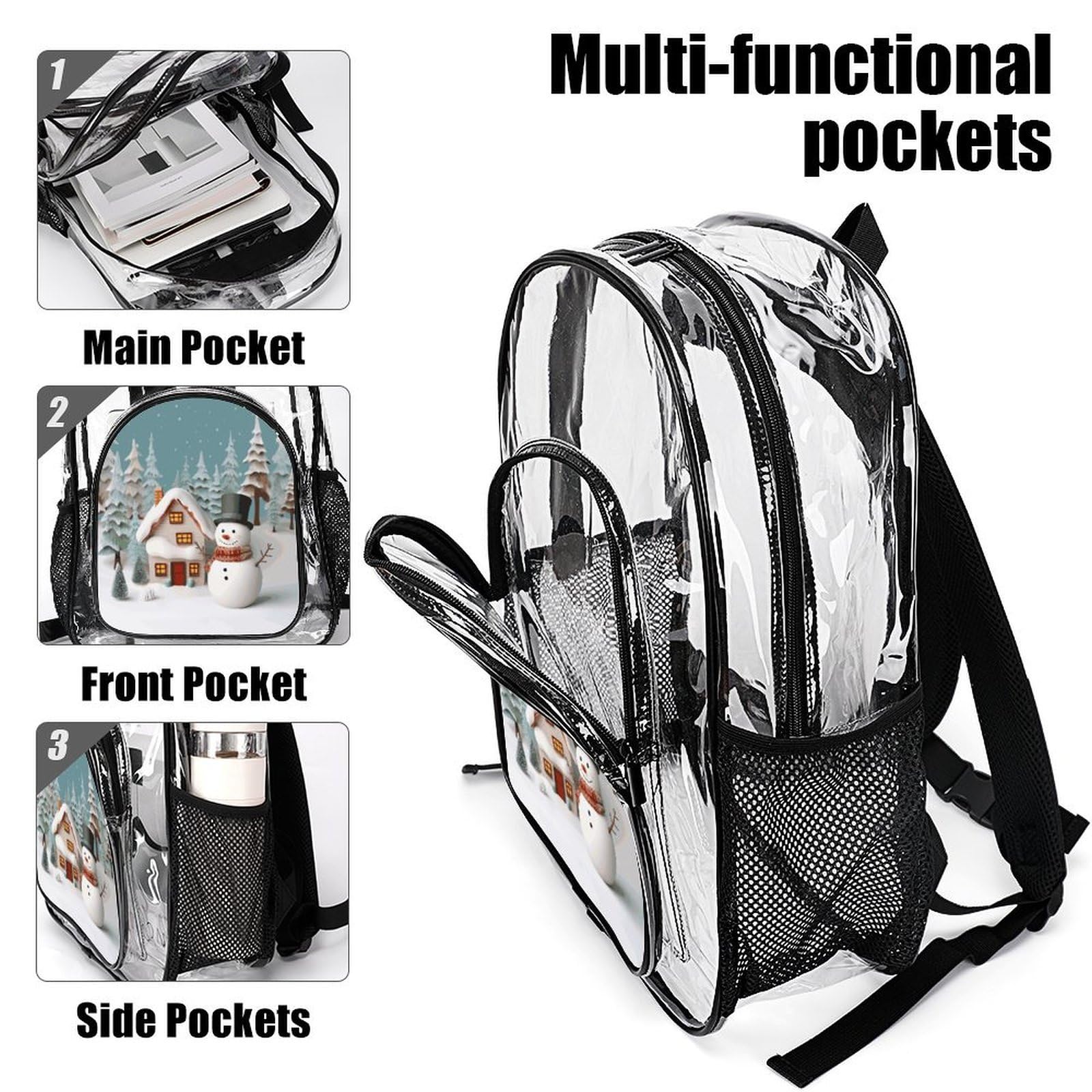 Transparenter Rucksack mit Schneemann und Dorf, groß, transparent, PVC, Büchertasche für Sicherheit, Arbeit, Reisen, Stadion