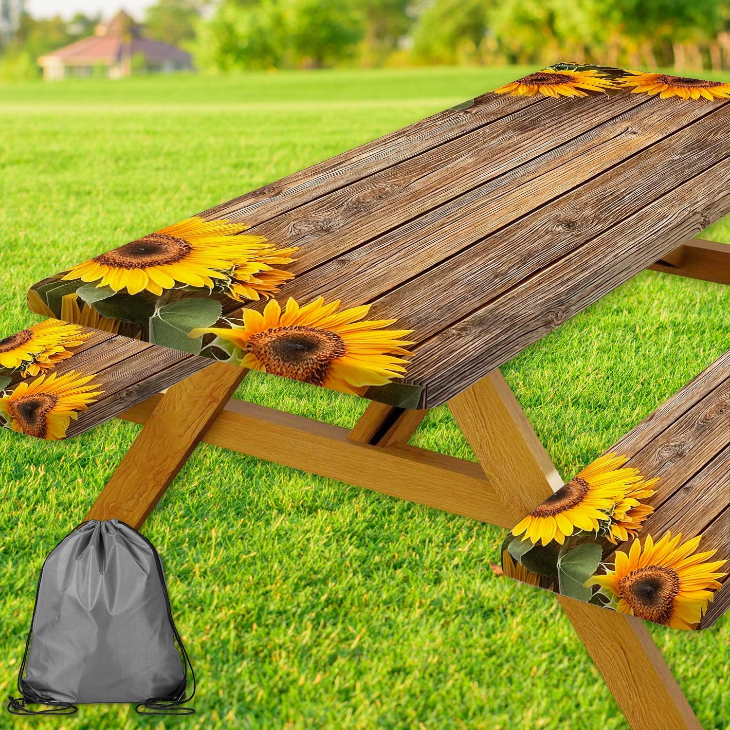 Sunflower Picnic Table Cover with Bench Covers, Waterproof Windproof, Camping Essentials, Fitted Tablecloth Cover with Elastic Edge, for Indoor & Outdoor, Garden, Camping, 3 Pieces Set, 30x96 Inch-image-49