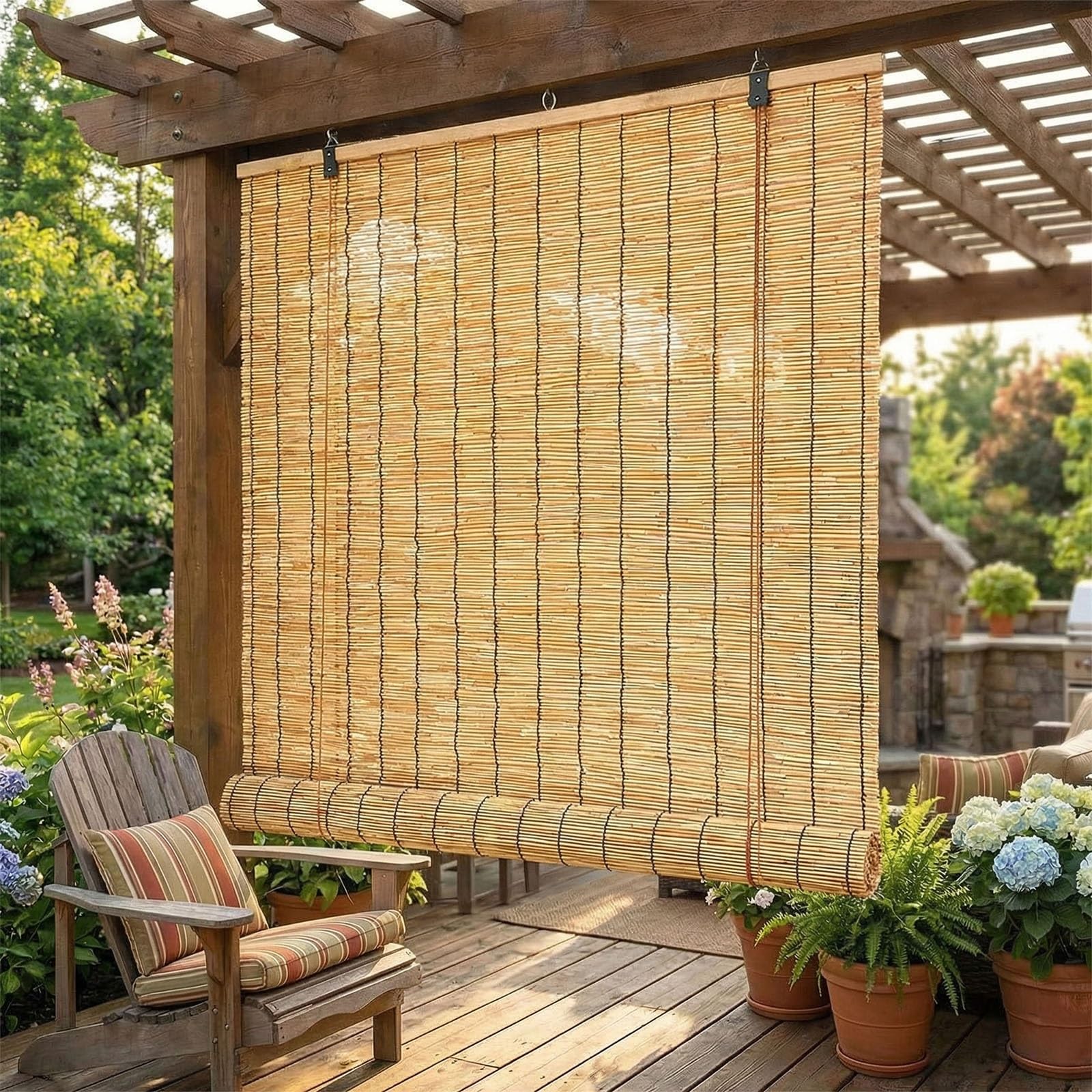 RETR Bambusrollo Outdoor Wetterfest, Sichtschutz Rollo für Balkon, Lichtfilternde Rollo Bambus für Garten, Sonnenschutz Bambus Jalousie Außen, Natur Schilf Vorhang(Natural,120 x 180 cm)