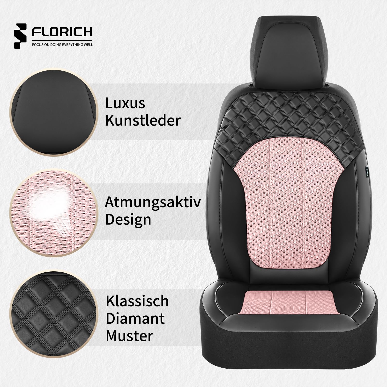 FLORICH Juego Completo Asientos de Coche, Fundas de Cuero Sintético con Malla Transpirable, Fundas Universales aptas para la Mayoría de Turismos, SUV y Camiones (Juego Completo, Negro&Rosa)
