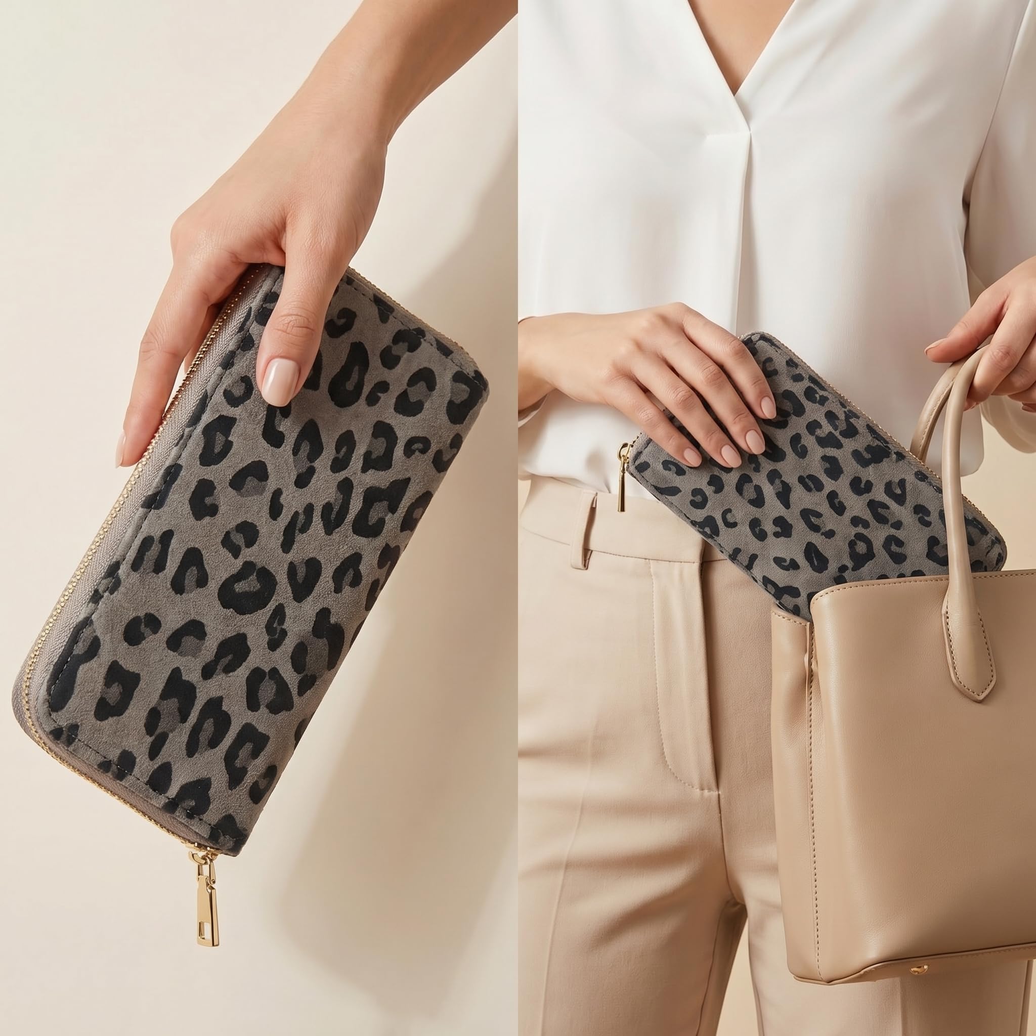 MillyMilk® Savana Large – Großer Leo Portemonnaie & Geldbeutel für Damen – Geräumige Geldbörse im Leopard Design in Wildlederoptik Animal Print – Stilvolle Clutch Wallet (Leo GRAU)
