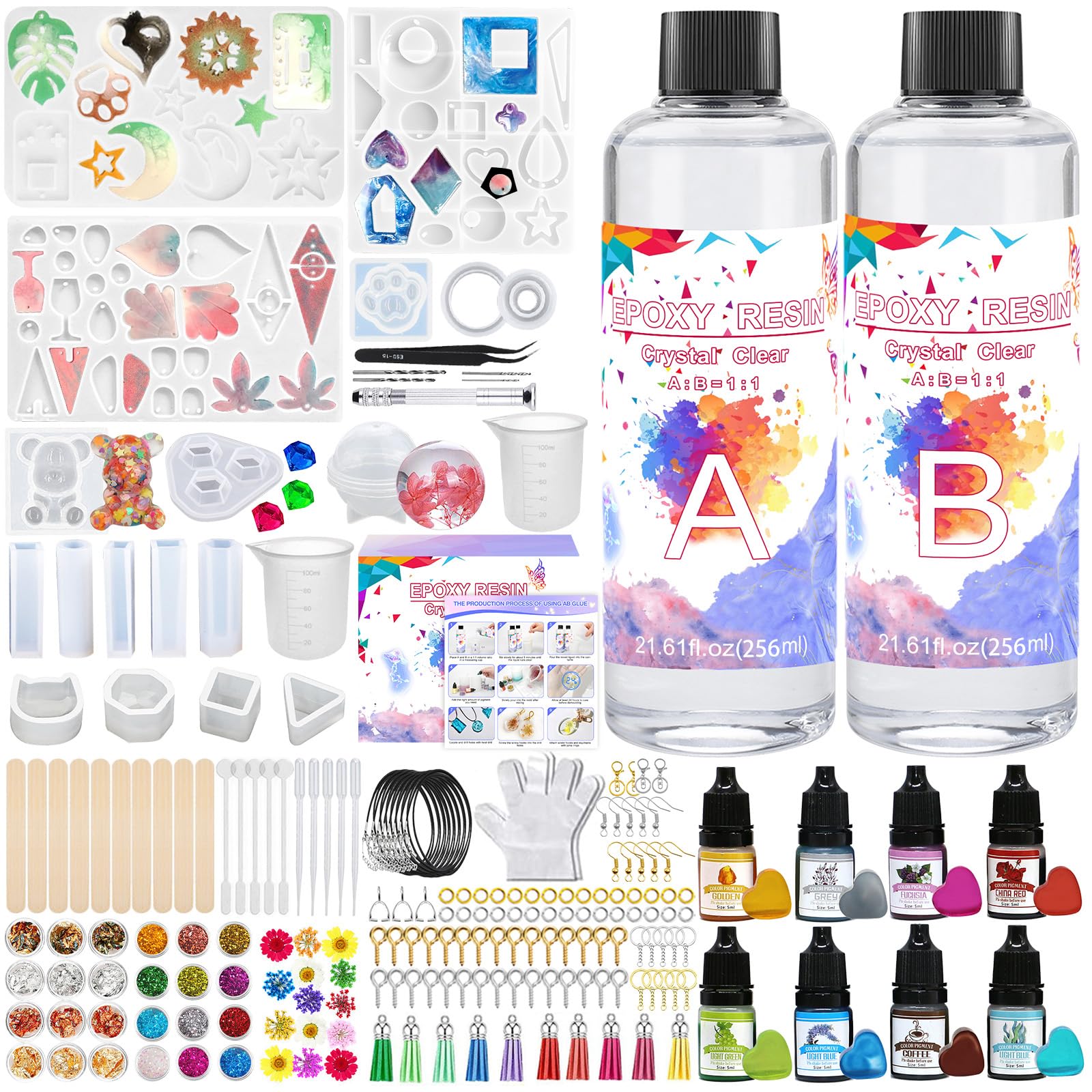 KIMIGO Resina Epoxy Transparente,Kit de resina epoxi 250ml,Pigmento de resina,Lentejuelas,Hoja de oro para la fabricación de joyas de cristal colgante pulsera