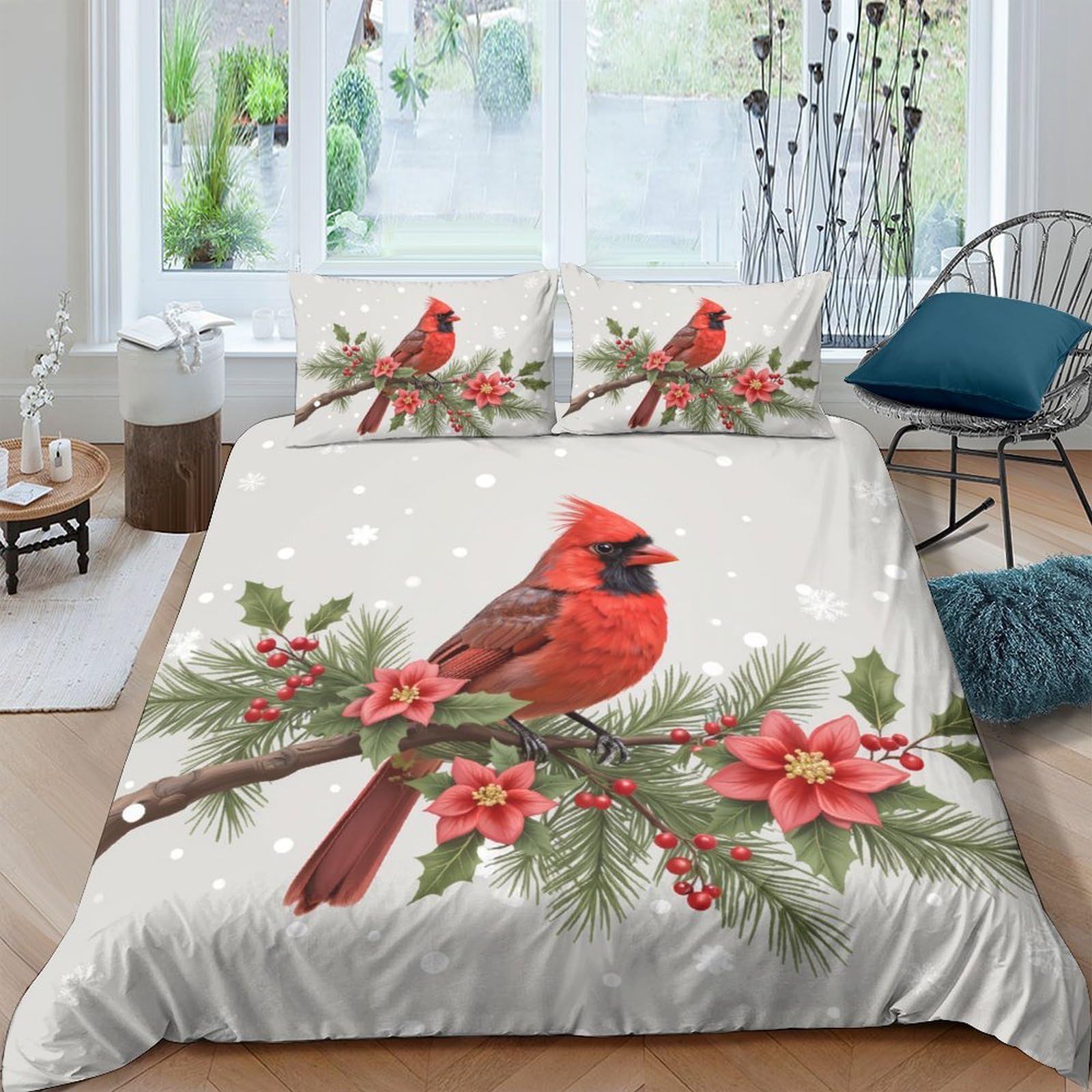 GPLZQXKJNH 3D Printed Cardinal Bird Floral Duvet Cover Microfiber Breathable Winter Branch Quilt Cover Set with 2 Pillowcases for Bedroom Home Single（135x200cm）