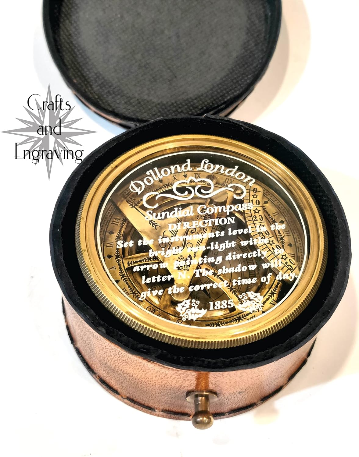 Crafts and Engraving 7 cm Nautical Engraved Brass Box Sundial with Compass Calendar with Leather Box, Table top Decor, Gift Item, Collectible