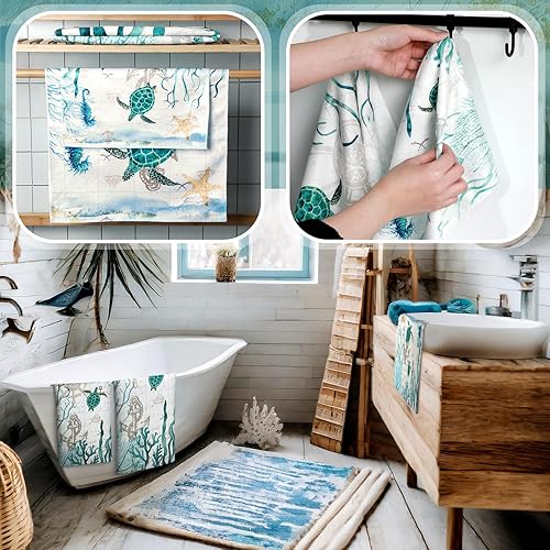 Miniatura 6 de Preboun Juego de 3 toallas de baño con diseño de tortuga marina, tortugas marinas, mapa de estrellas de mar, toallas de mano suaves vintage, toallas