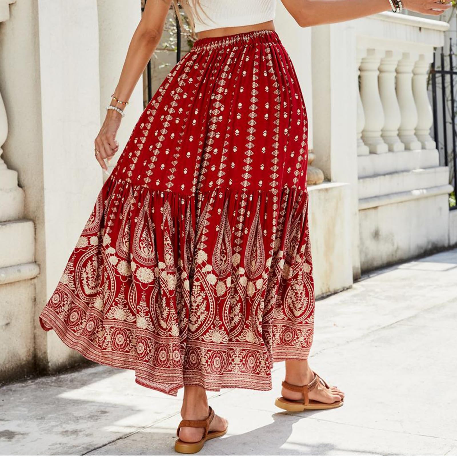 Gonna Midi Boho Estiva,Gonne Stampa Floreale,Abiti Estivi Lunghi A Vita