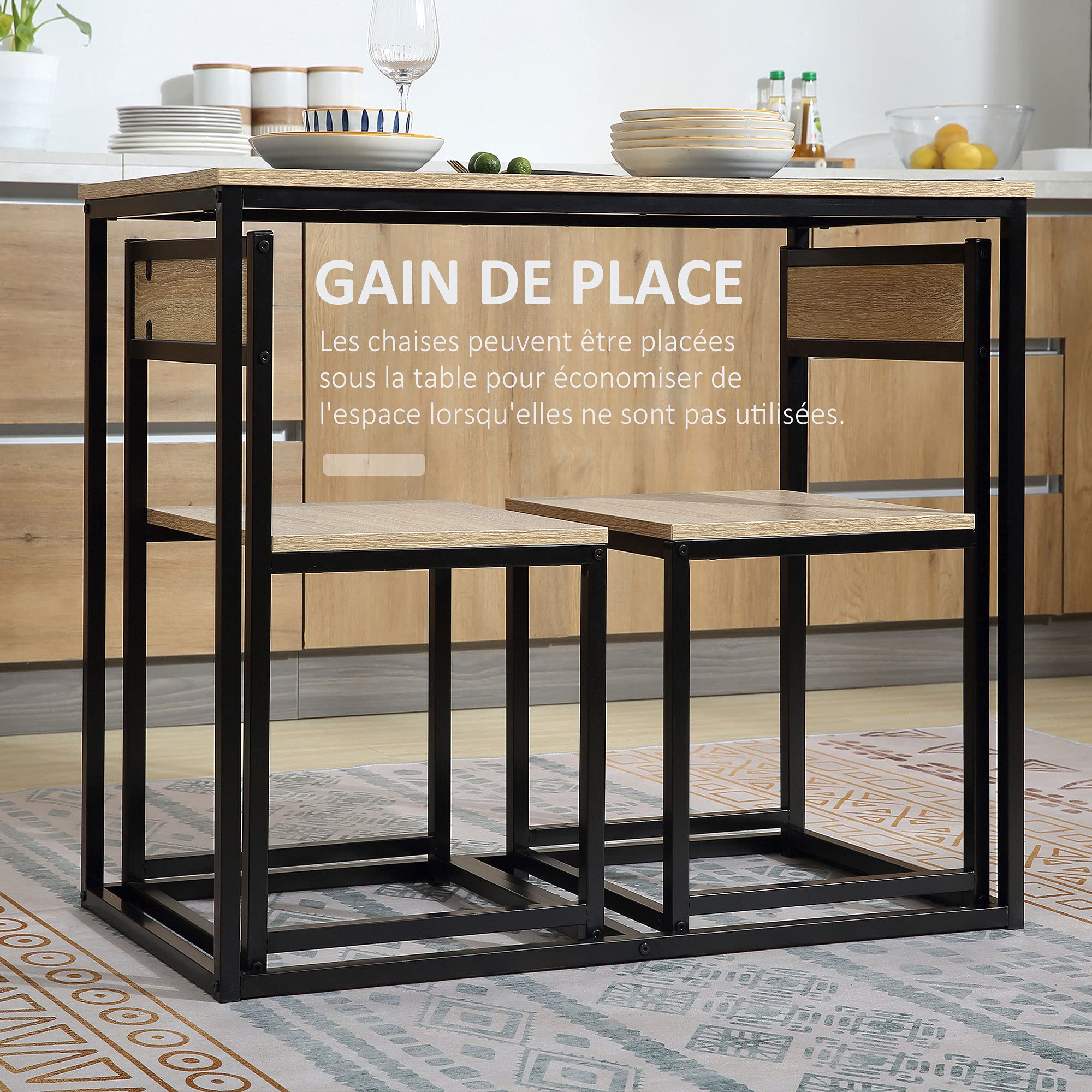 HOMCOM Ensemble Table et chaises de Salle à Manger Set de 1 Table + 2 chaises encastrables pour Cuisine - métal Noir Aspect chêne Clair