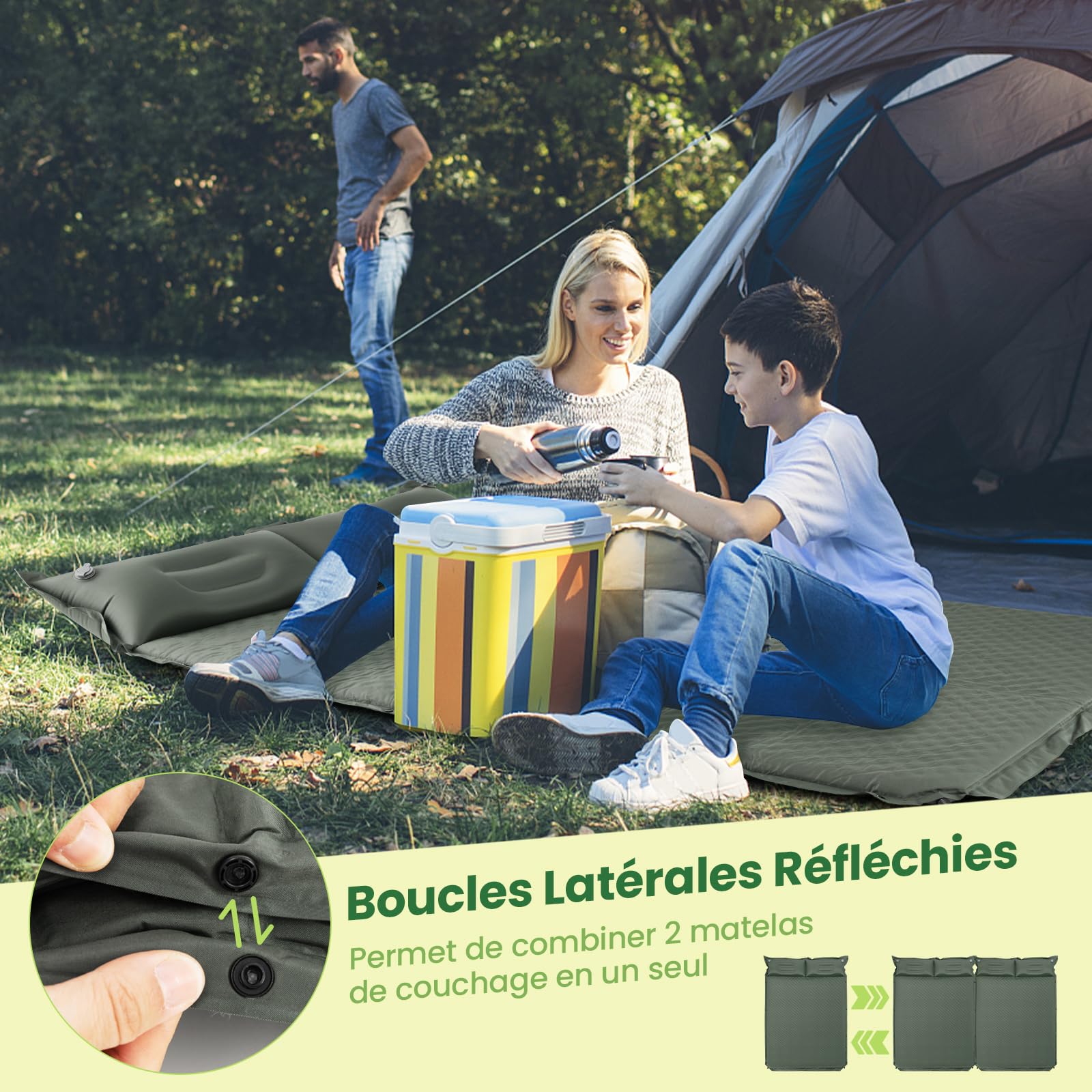 GYMAX Matelas Autogonflant pour 2 Personnes, 2 Oreillers, en PVC Imperméable, Combinaisonable 2 en 1 avec Boucles, pour Plage, Camping, Randonnée (Vert)