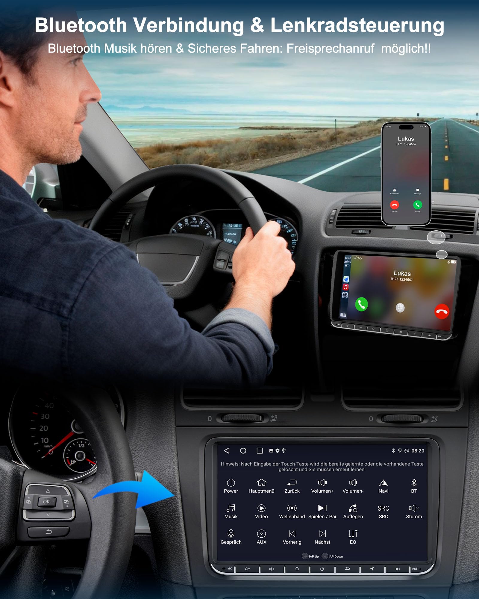 VW Autoradio mit Bildschirm 2+64GB für Golf 5 6 Polo T5 Passat Touran Seat Skoda, 2Din Bluetooth Auto Radio mit Navi DAB WLAN FM/AM, Apple Carplay, Android Auto, Lenkrad Strg,Android 14 (9 Zoll)