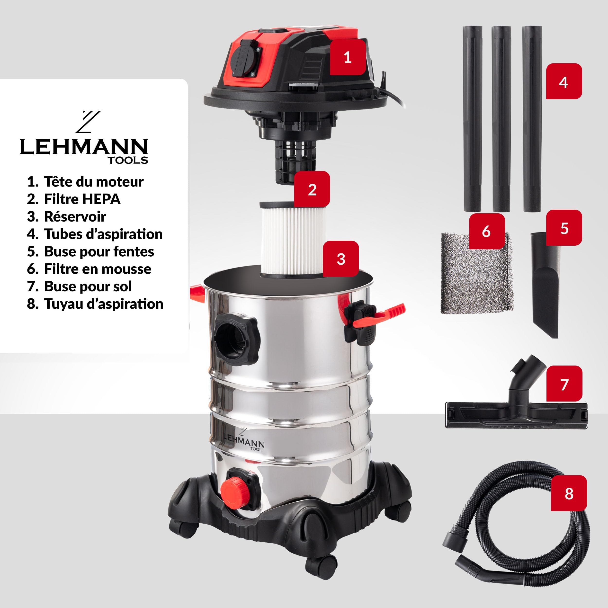 LEHMANN Aspirateur Industriel avec Prise 2000W, Aspirateur Eau et Poussière avec Réservoir en Métal 30L, Fonction Soufflage, Filtre HEPA et Filtre Mousse, idéal pour Atelier et Chantier