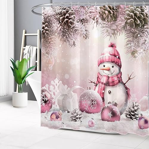Miniatura 2 de EOBTAIN Juego de cortinas de ducha de muñeco de nieve de invierno, ramas de pino y bolas de Navidad rosas en la nieve, juego de cortinas de baño,