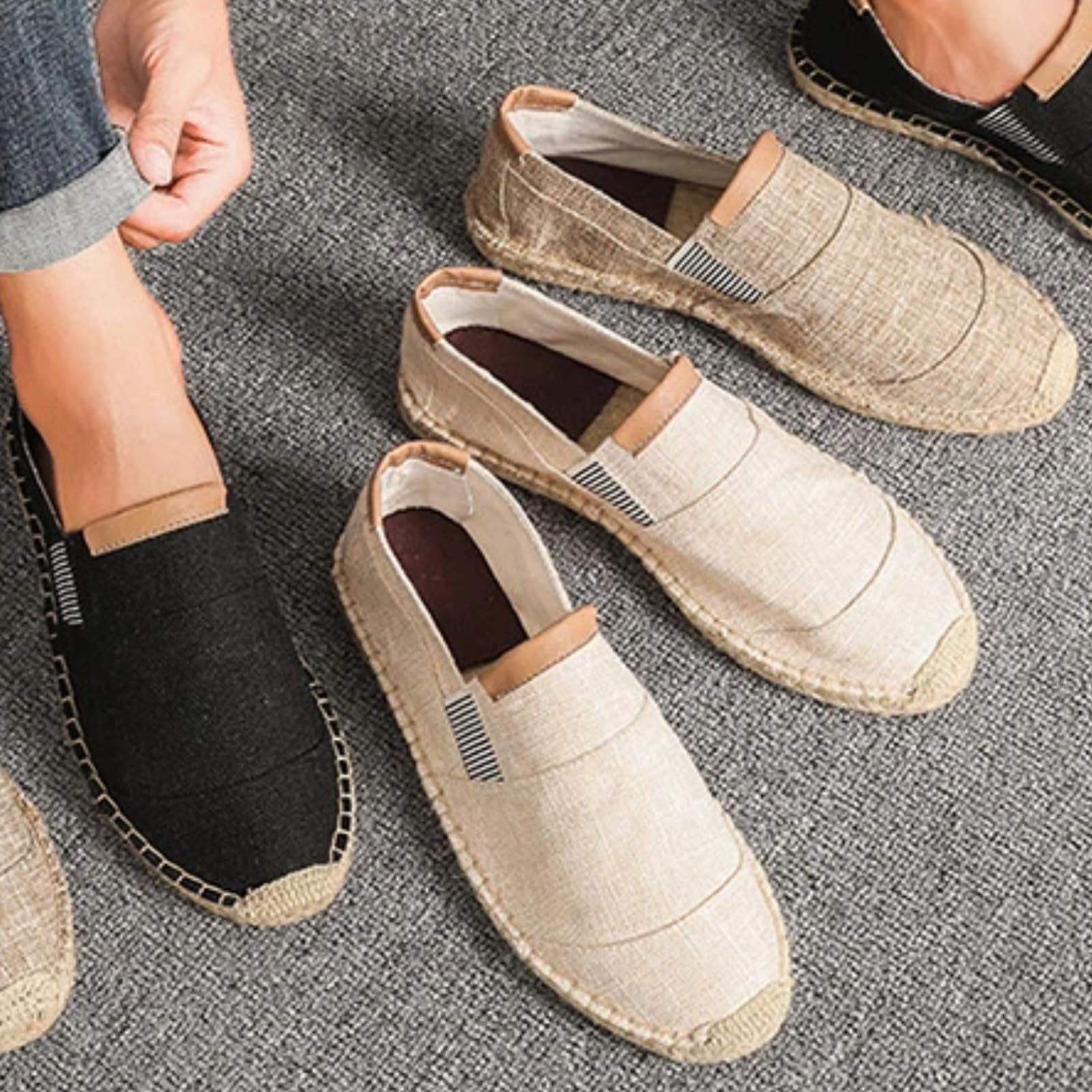 Scarpe Uomo Lino Tela Espadrille Pescatore Casual | Tela lino forma tomaia leggera. Modello piatto adatto alla spiaggia, spostamenti quotidiani e svago weekend.