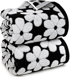 Black cotton bath towels with floral jacquard design