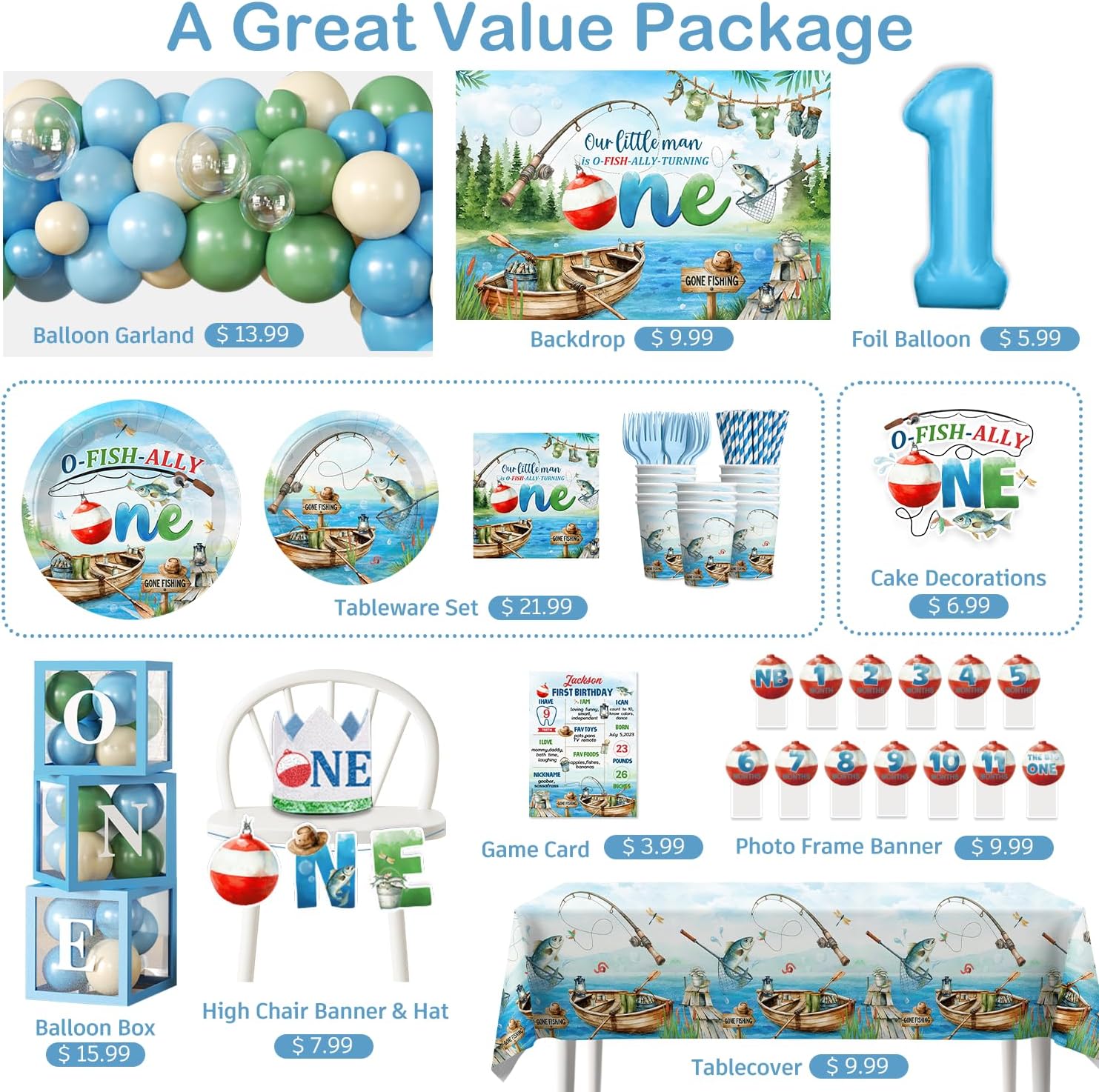 263pcs Ofishally One Birthday Decorations Complete Party Set, for 25 Guests, O Fishally One First Birthday Decorations Balloon Arch, Backdrop, Plates for Gone Fishing Party Decoration