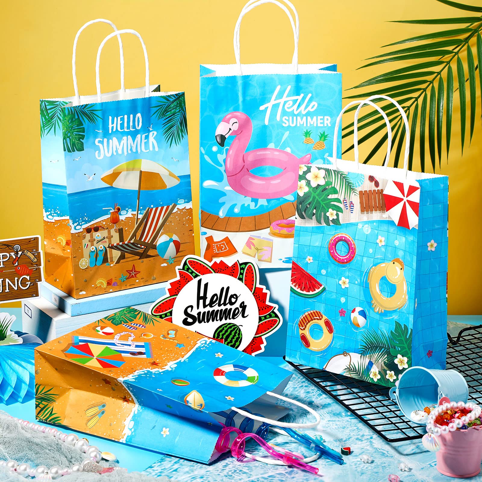Pajean Beach Party Paper Bags, Summer Pool Goodie Candy Gift Treat Bags for Luau Tropical Beach Party Favors Supplies