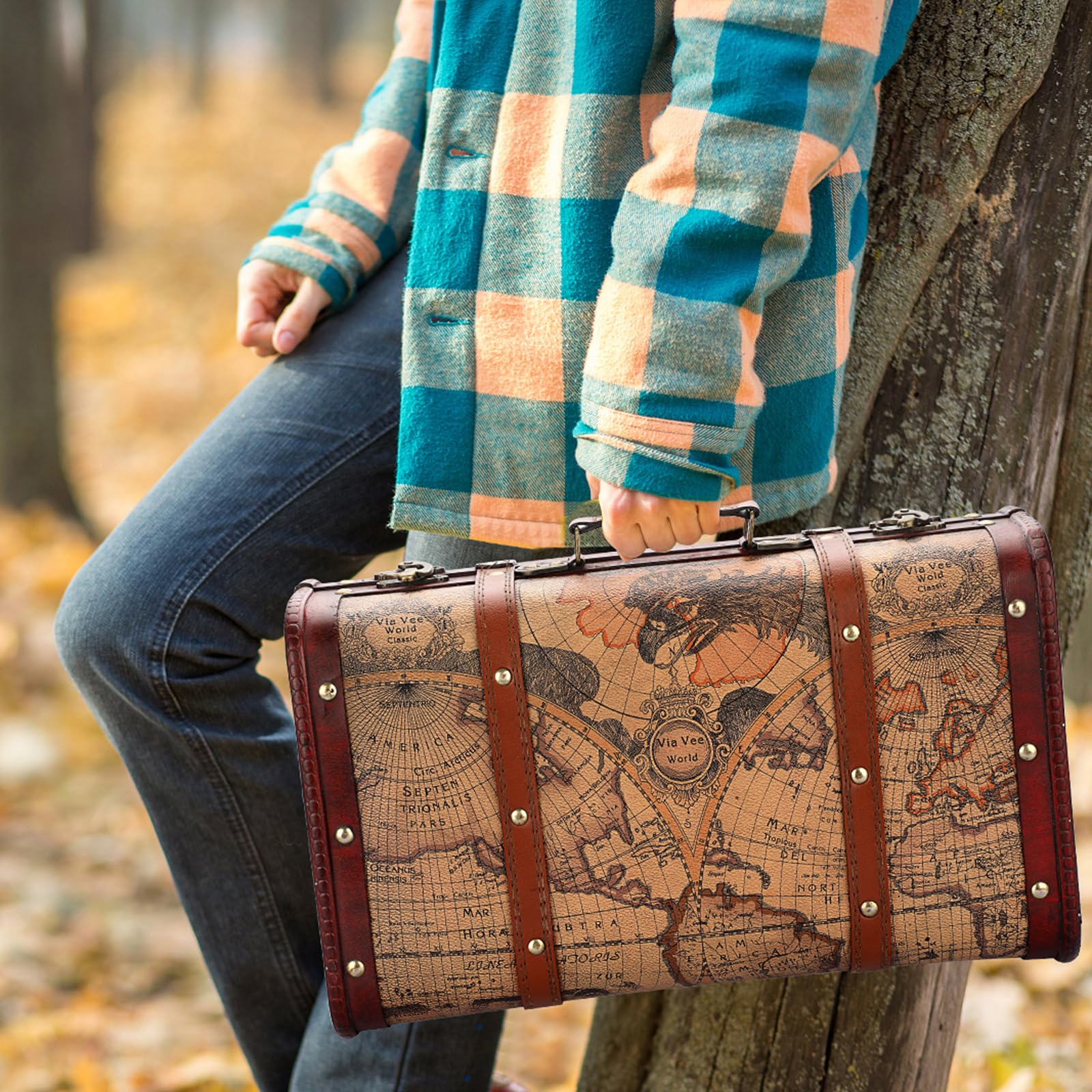 ELLDOO Vintage Holz Aufbewahrungstruhe, Tragbare Dekorative Gepäck Koffer, Schatzkiste mit Kartenmuster, Piraten Andenken Box für Geschenke, Truhe Aufbewahrungsbox für Dekor Lagerung Reise