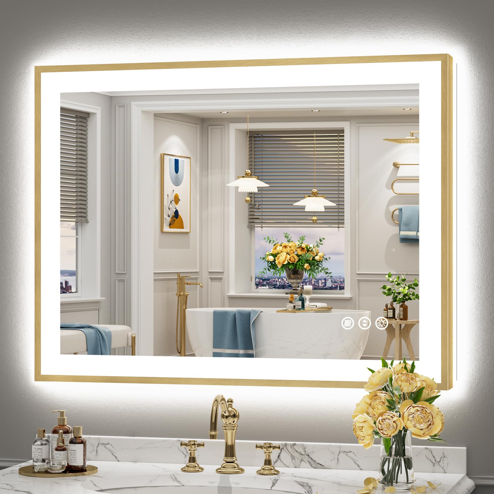 40x30 Gold LED Bathroom Mirror with Lights, Lighted Vanity Mirror