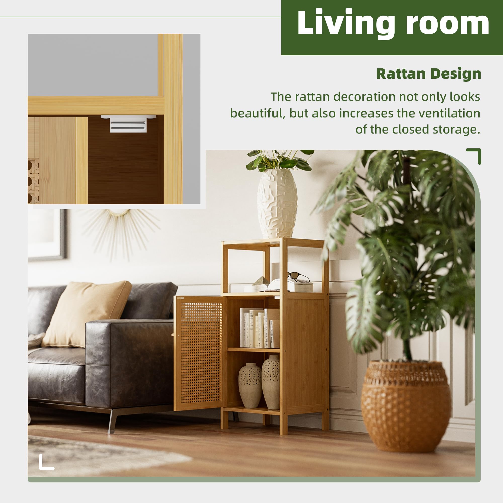 Armoire au Sol en Bambou, Rangement pour Salle de Bain avec Porte en Rotin et 1 Étagère, Petit Placard Latéral en Bois pour Entrée, Buanderie, Cuisine ou Salon (Naturel)