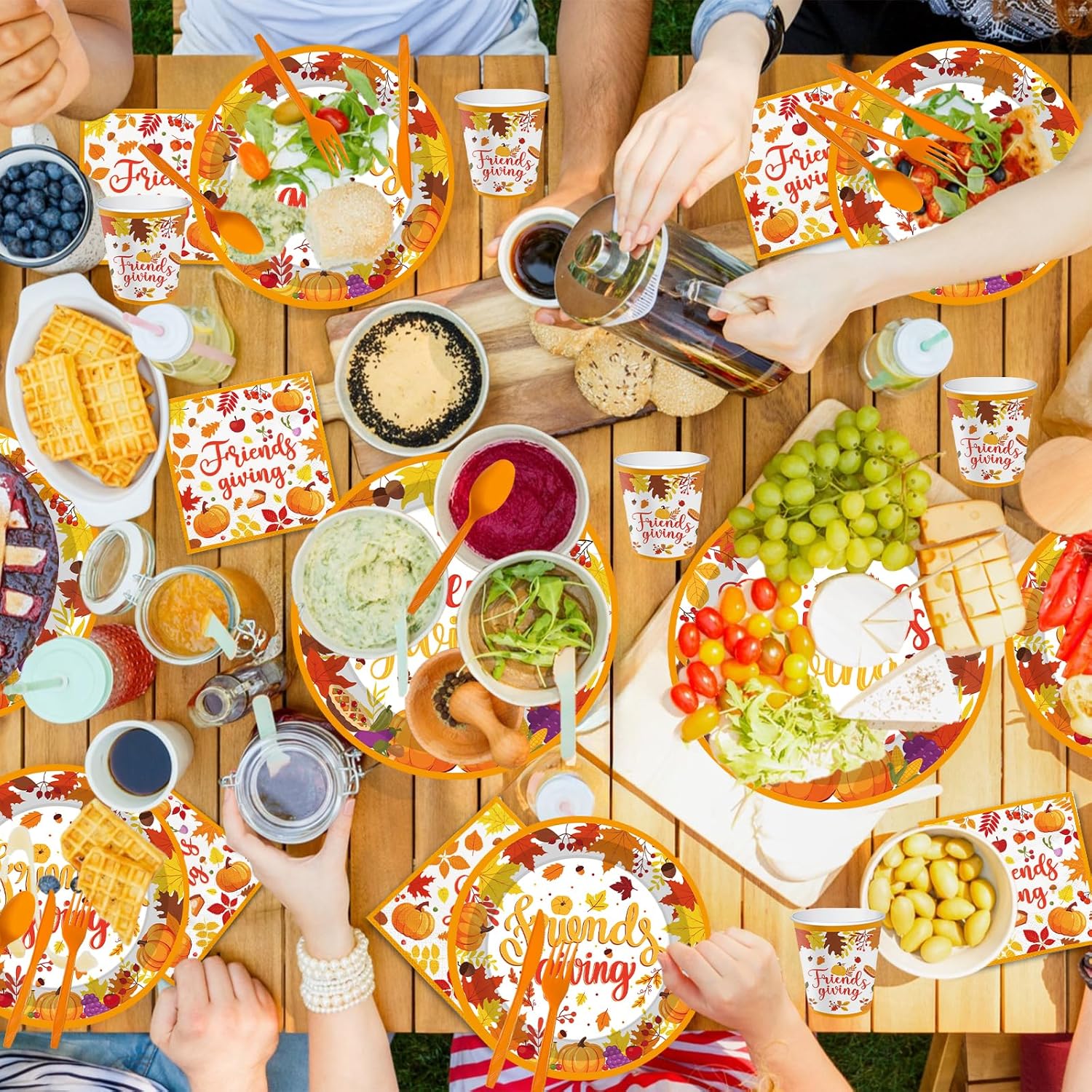 YQUQWN 168PCS Friendsgiving Plates and Napkins Set, Friendsgiving Party Decorations, Disposable Thanksgiving Plates, Napkins, Cups, Spoon, Fork, Knives for Fall Thanksgiving Party Supplies, Serve 24