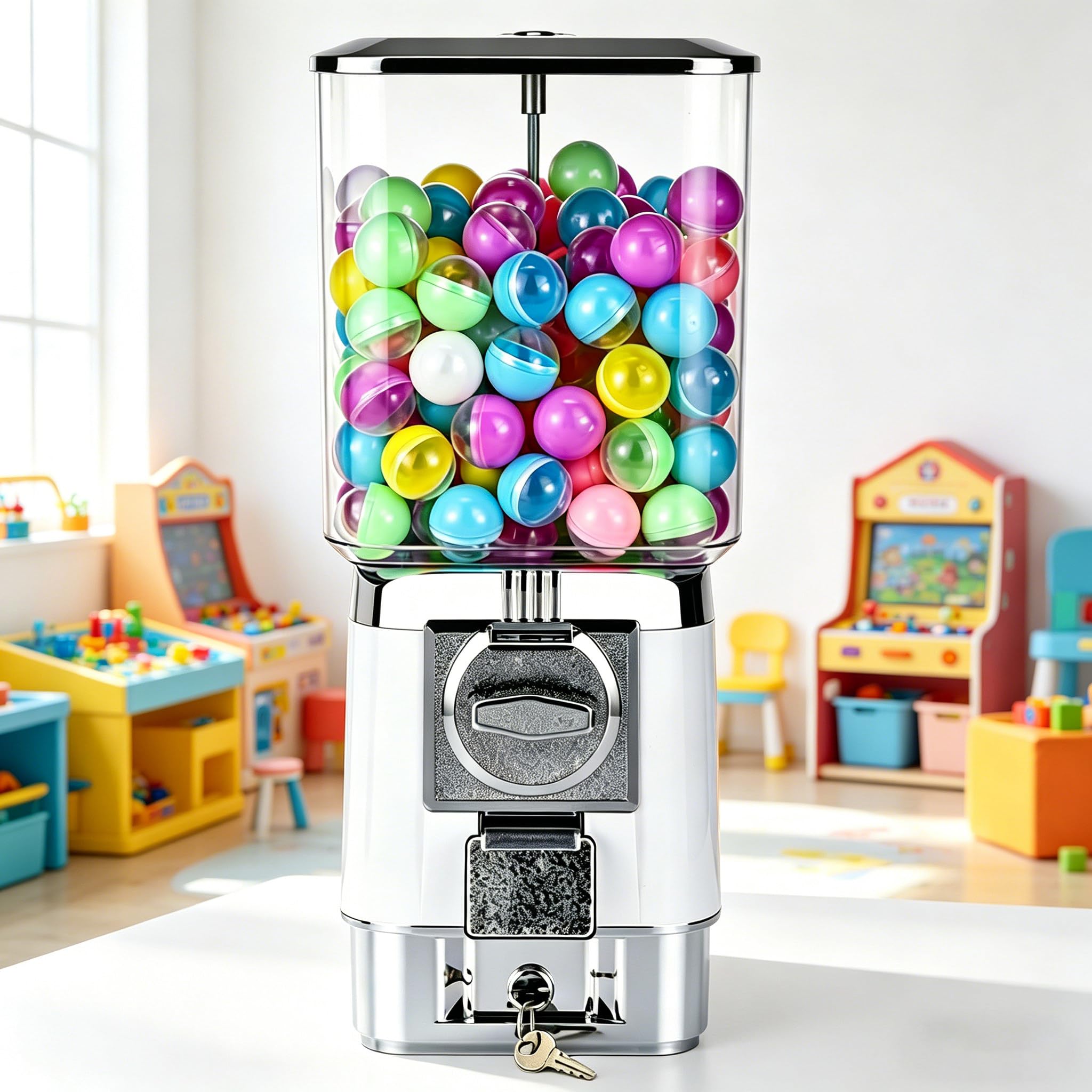 Sushangmao Candy Vending Machines,Coin Operated Bubble Gum Machine,With 100 Capsules And 50 Tokens, Coin Operated Gumball Bank For Toy Capsules Bouncy Balls Candy,For Game Stores white