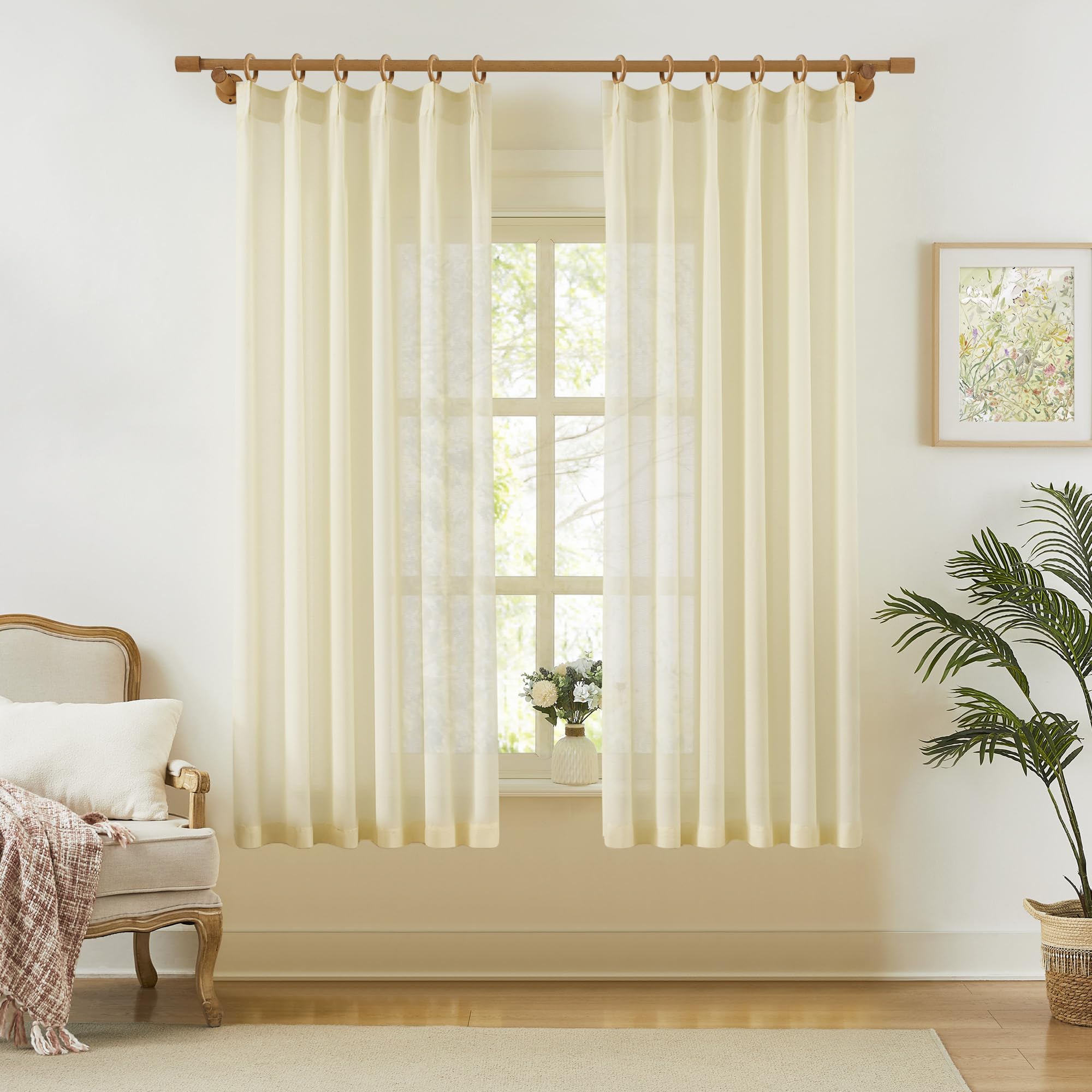 Rideaux plissés transparents beige KangBang, voilage tamisant salon et chambre 106,7x160