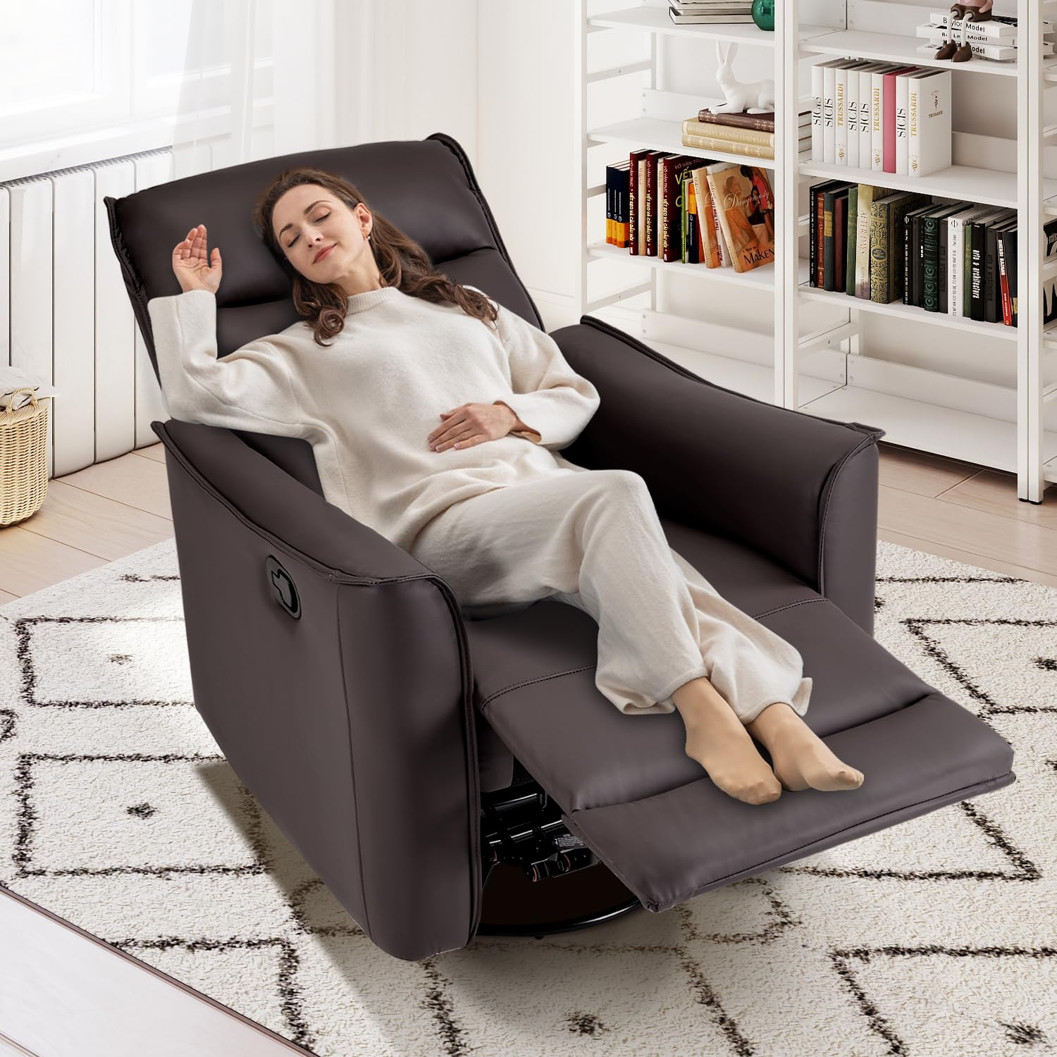 Condition photo showing New/Like New for swivel rocker recliner, glider rocking chair, nursing chairs swivel glider recliners with soft backrest, leathaire manual reclining sofa for living room bedroom apartment, dark brown