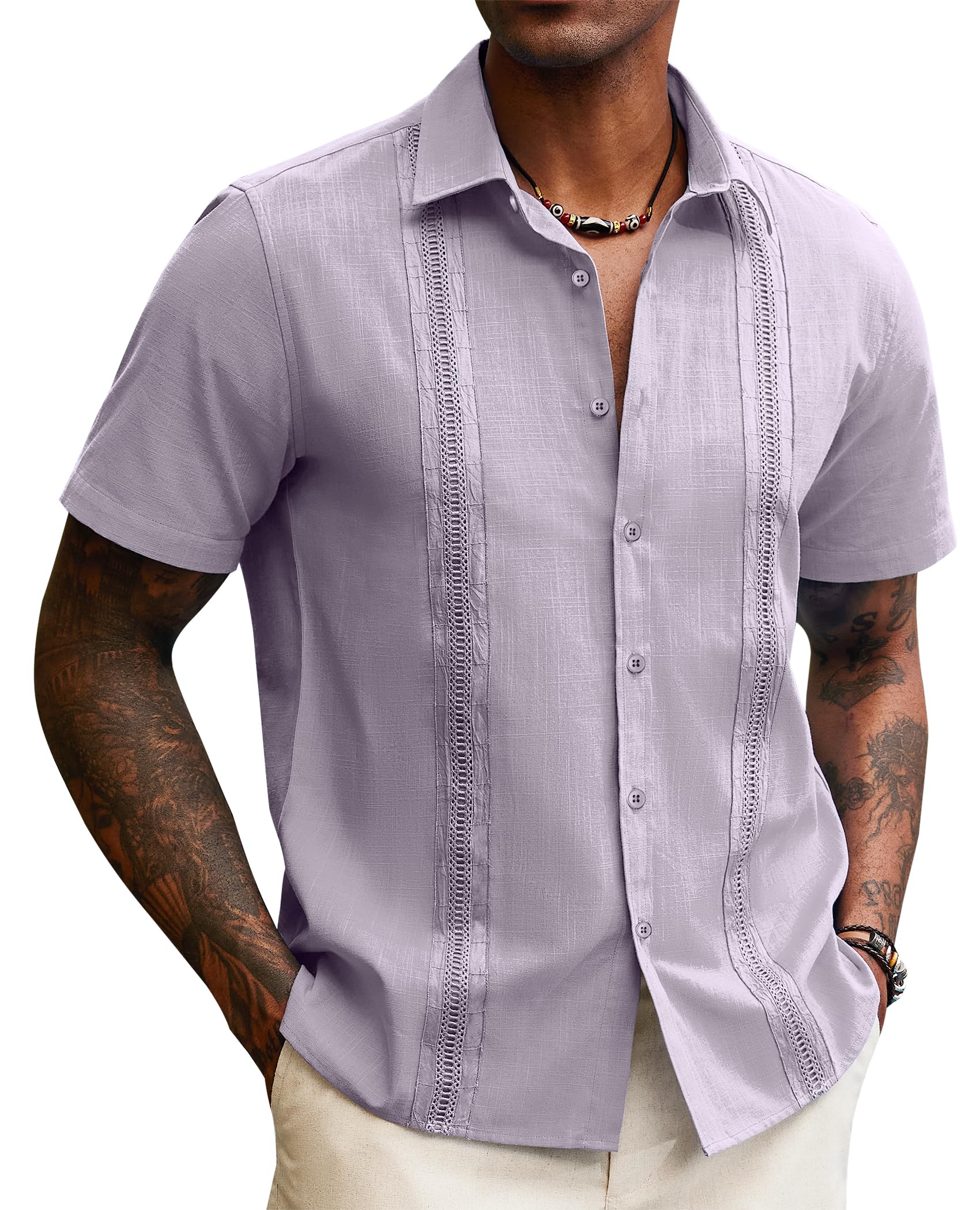 Lion Nardo Guayabera Linen Shirts for Men Short Sleeve Button Down Shirt Hawaiian Shirt Cuban Summer Shirts Beach Shirts