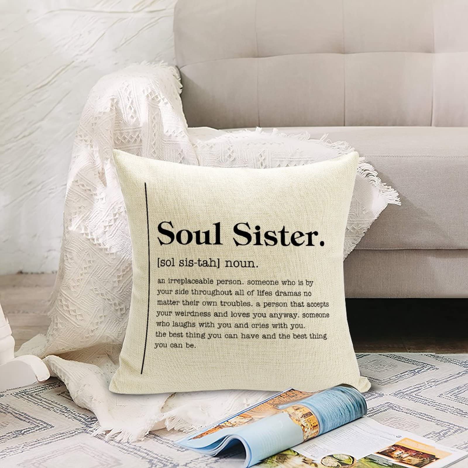 Farmhouse Christmas Pillow Cover 16x16 - 'Brother' Definition Word Art, Cotton Linen Cover