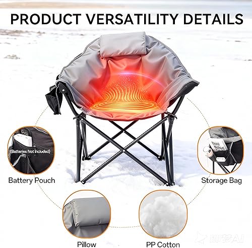 Miniatura 6 de Sillas de campamento con calefacción de gran tamaño, 3 niveles de calefacción para respaldo y asiento, silla de camping portátil y plegable con
