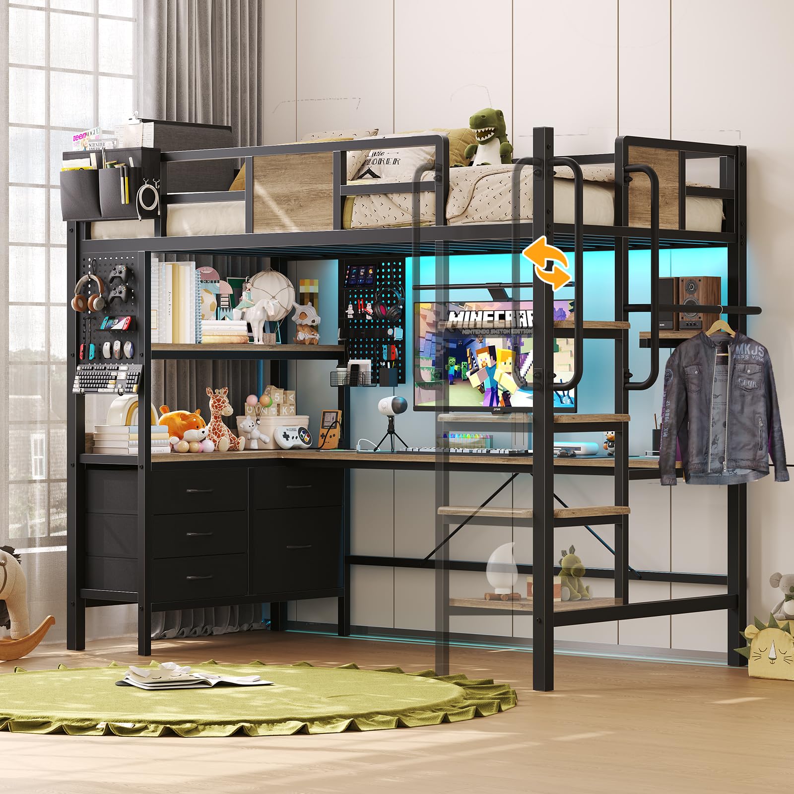 BUSYAEH Bunk Bed with Desk Loft Bed with L-Shaped Desk Underneath with RGB LED Lights, and Charging Station,Loft Bed with Drawer Cabinets and Pegboards Twin Size (Vintage Oak Gray)