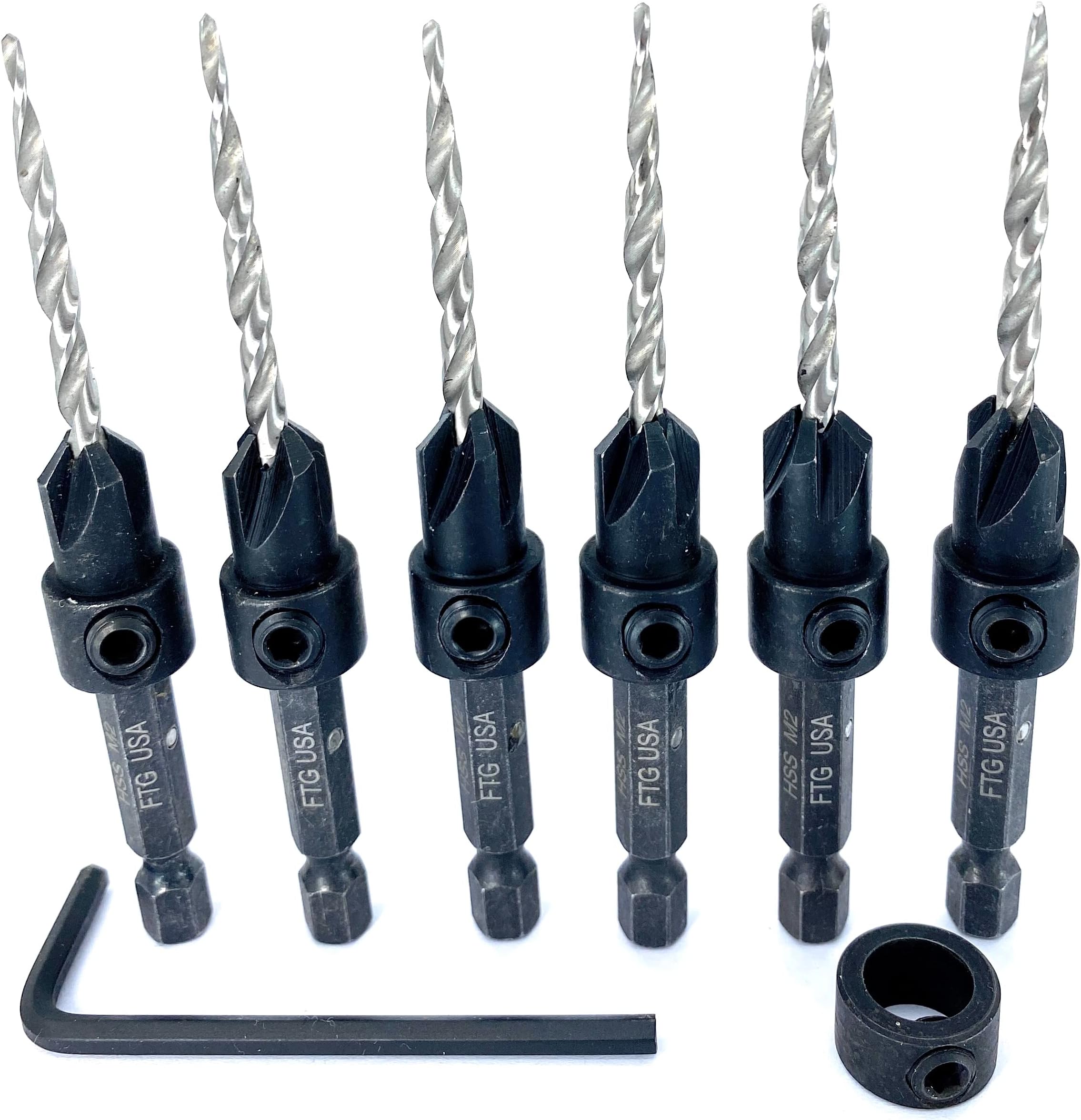 FTG USA Countersink Drill Bit Set 6 Pc #6 (9/64") Wood Countersink Drill Bit Pro Pack Countersink Set, Tapered Countersink Bit, 1 Stop Collar, Hex Wrench, Woodworking Countersink Drill Bits