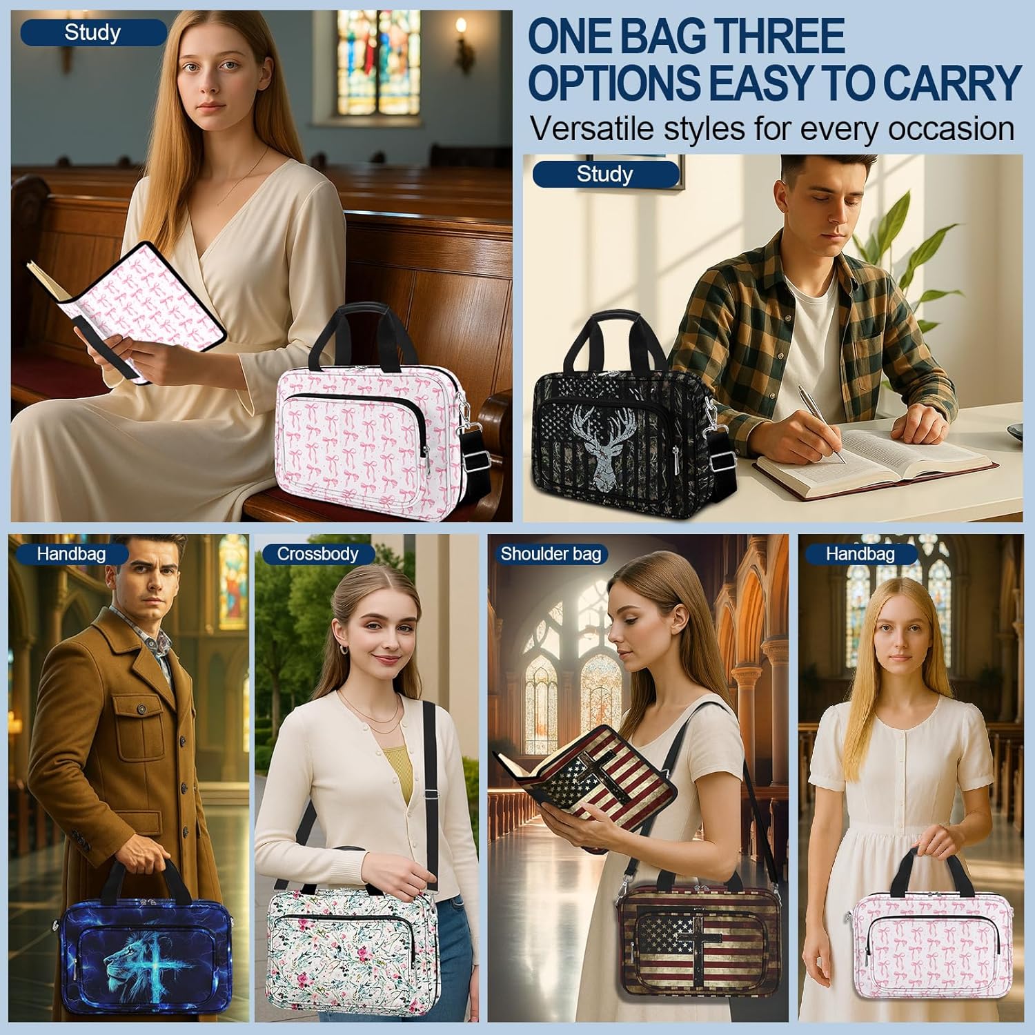 Pink Floral Bible Cover Case for Women, Cute Flower Large Bible Bag Book Carrying Bag with Strap Handle Zipper Pockets, Pens and Highlighters Cross Clips for Bible Study & Church - Image 7