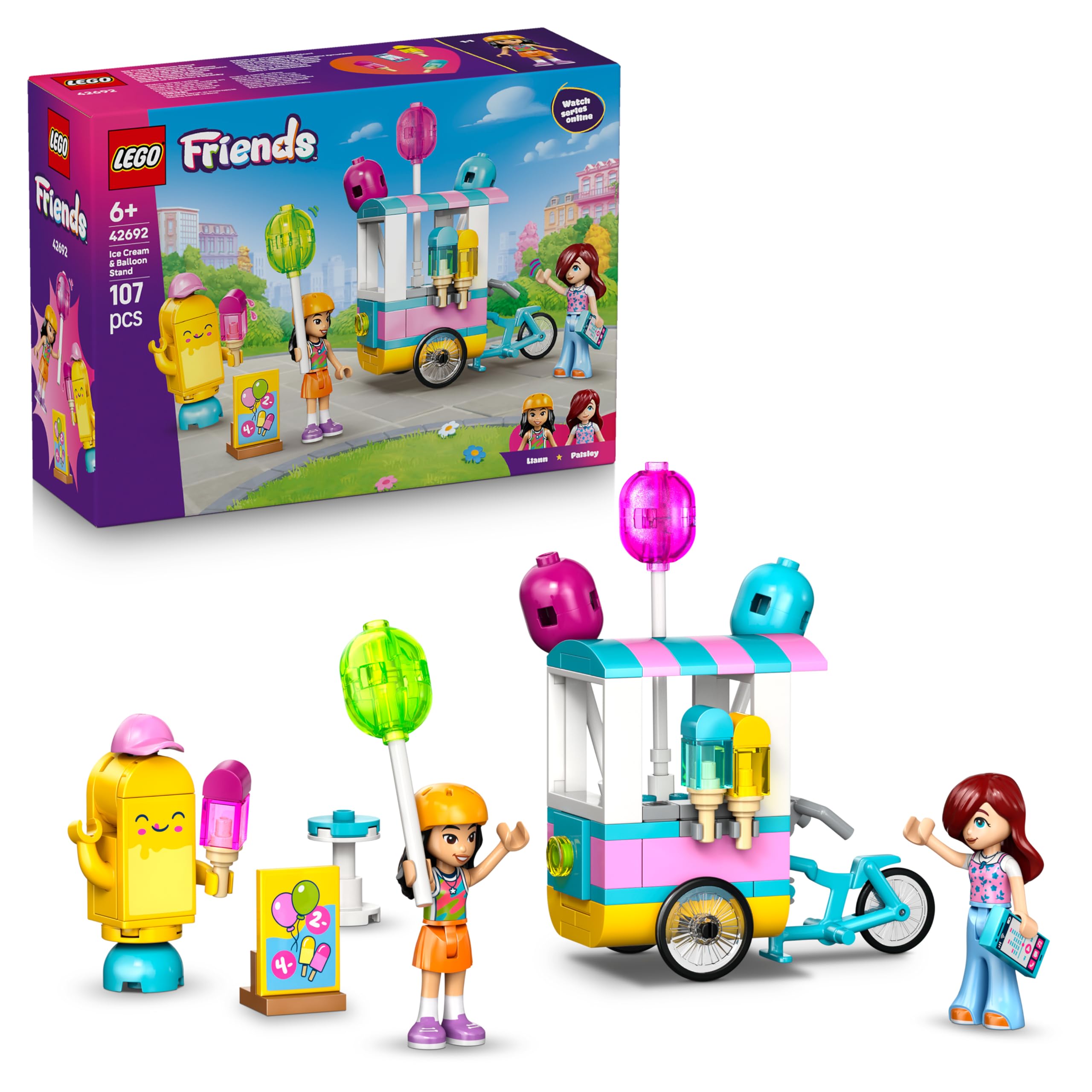LEGO Friends Bancarella dei Gelati con Palloncini - Negozio Giocattolo con Bici, 2 Mini Bamboline, Accessori, Cibo e Mascotte-​Ghiacciolo - Regalo di Compleanno per Bambine da 6 Anni in su - 42692
