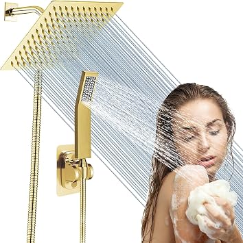 8"High Pressure Square Rain Shower Head and 2-in-1 Hand Shower.Equipped with 78"Hose, 3 Way Diverter Valve,Adhesive Shower Head Holder.AWAXFOLO Square Shower Head Set gold