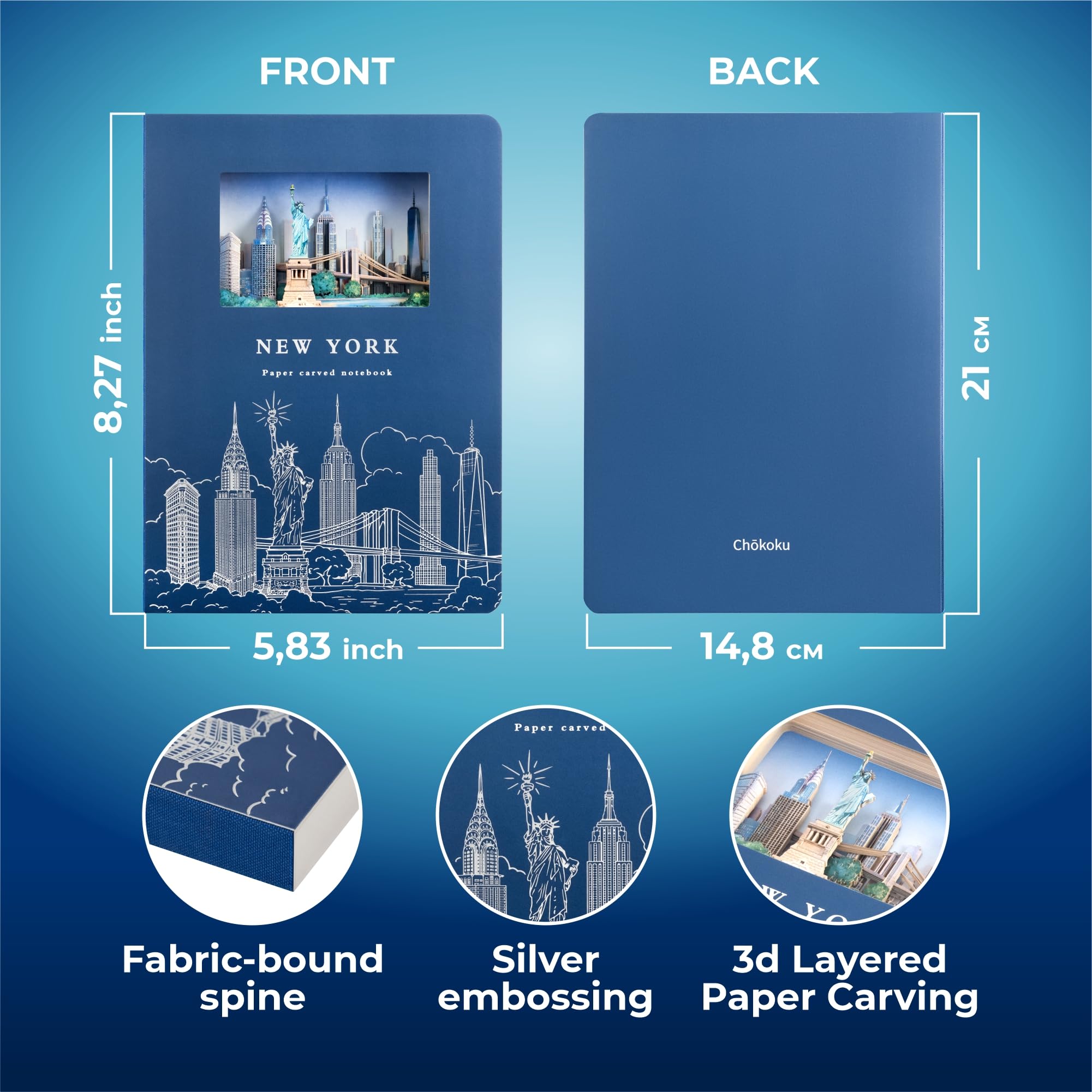 Taccuino con copertina rigida a pois (120 pagine) – 3D Layered Cut-out New York Cityscape, Statua della Libertà e Ponte di Brooklyn, diario pronto per scrivere, disegnare e viaggiare