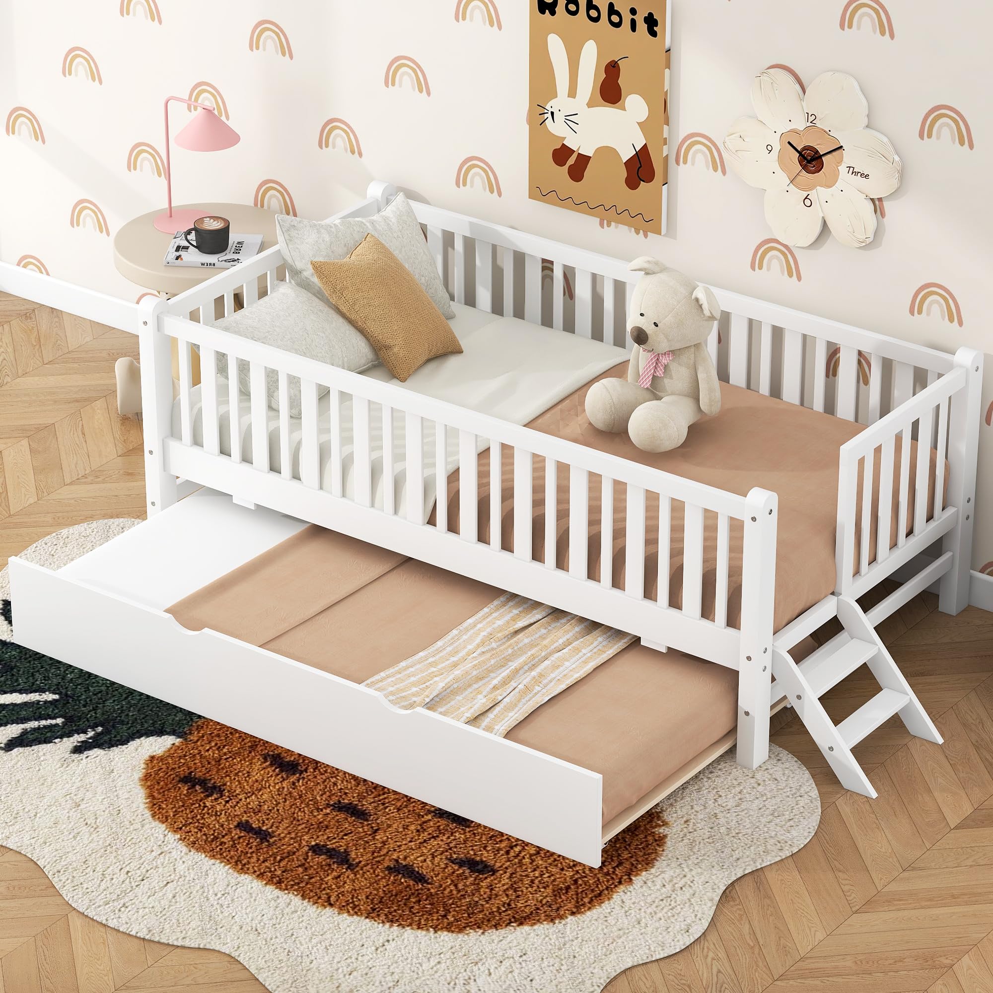 Photo 1 of ***PARTIAL SET - PRICE ADJUSTED***Merax Wood Twin Size Platform Bed with Guardrail and Trundle, Kids Bed Frame with Stairs, White