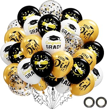 Graduation Decorations 2026 - Graduation Balloons 62pcs 12 Inch Black Gold White Grad Print Latex Confetti Balloons for College High School Class of 2026 Congrats Grad Party Decor Supplies Ribbon