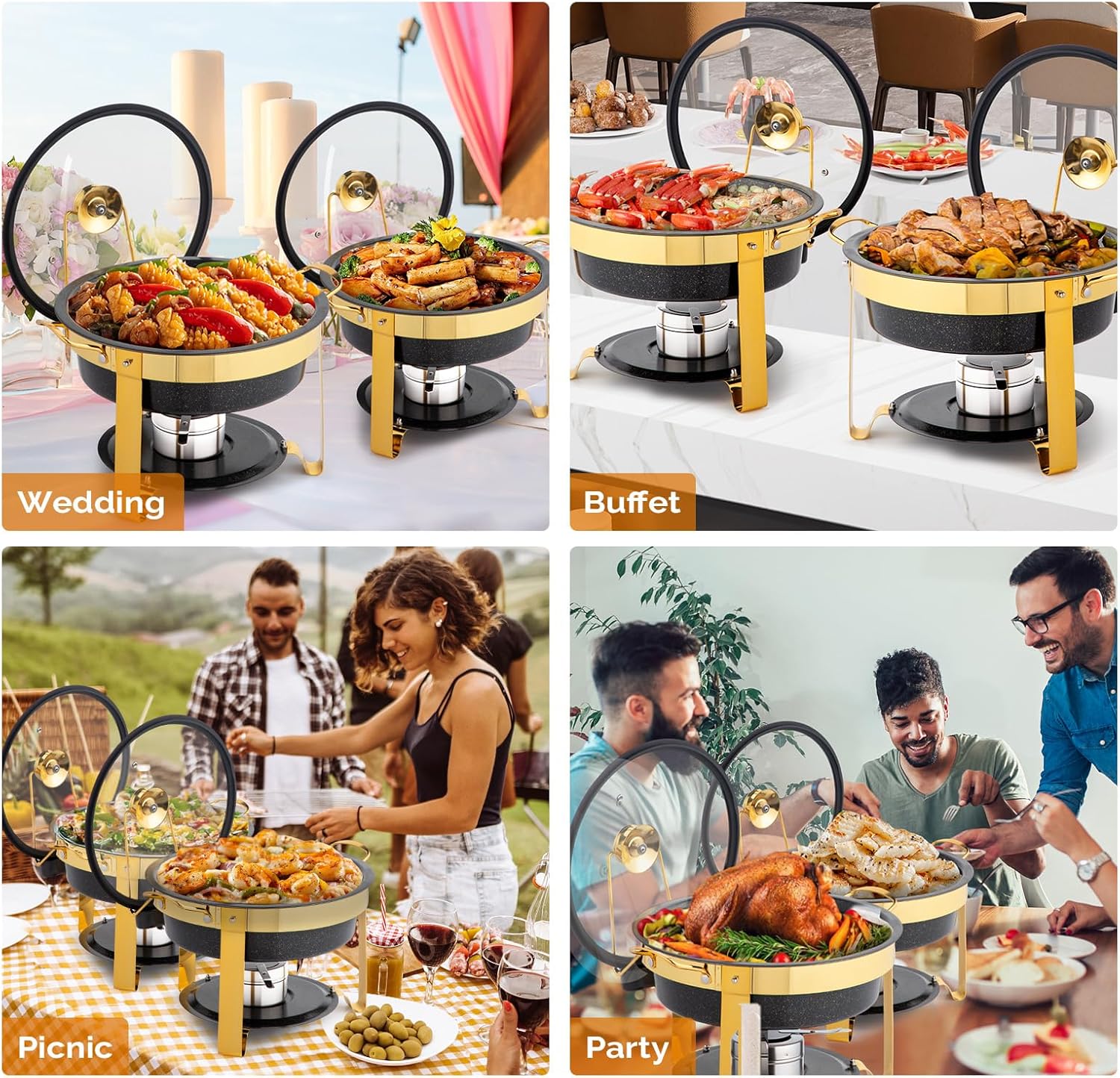 ROVSUN 5QT Chafing Dishes for Buffet 4 Pack, [Game Changer Maifanite-Coated] Chafing Dish Buffet Set, [Unique Black & Gold Color] Chafers and Buffet Warmers Sets with Lid Holder for Party Wedding