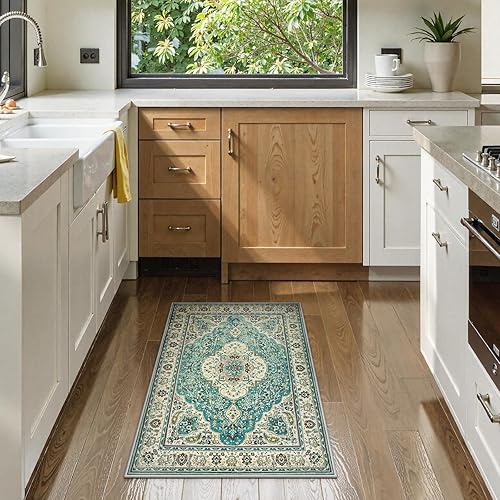 Miniatura 180 de Lahome Tapete tribal bohemio, pequeño, suave, antideslizante, lavable, de pelo corto, para piso en puerta, interior, entrada, baño, silla, Verde