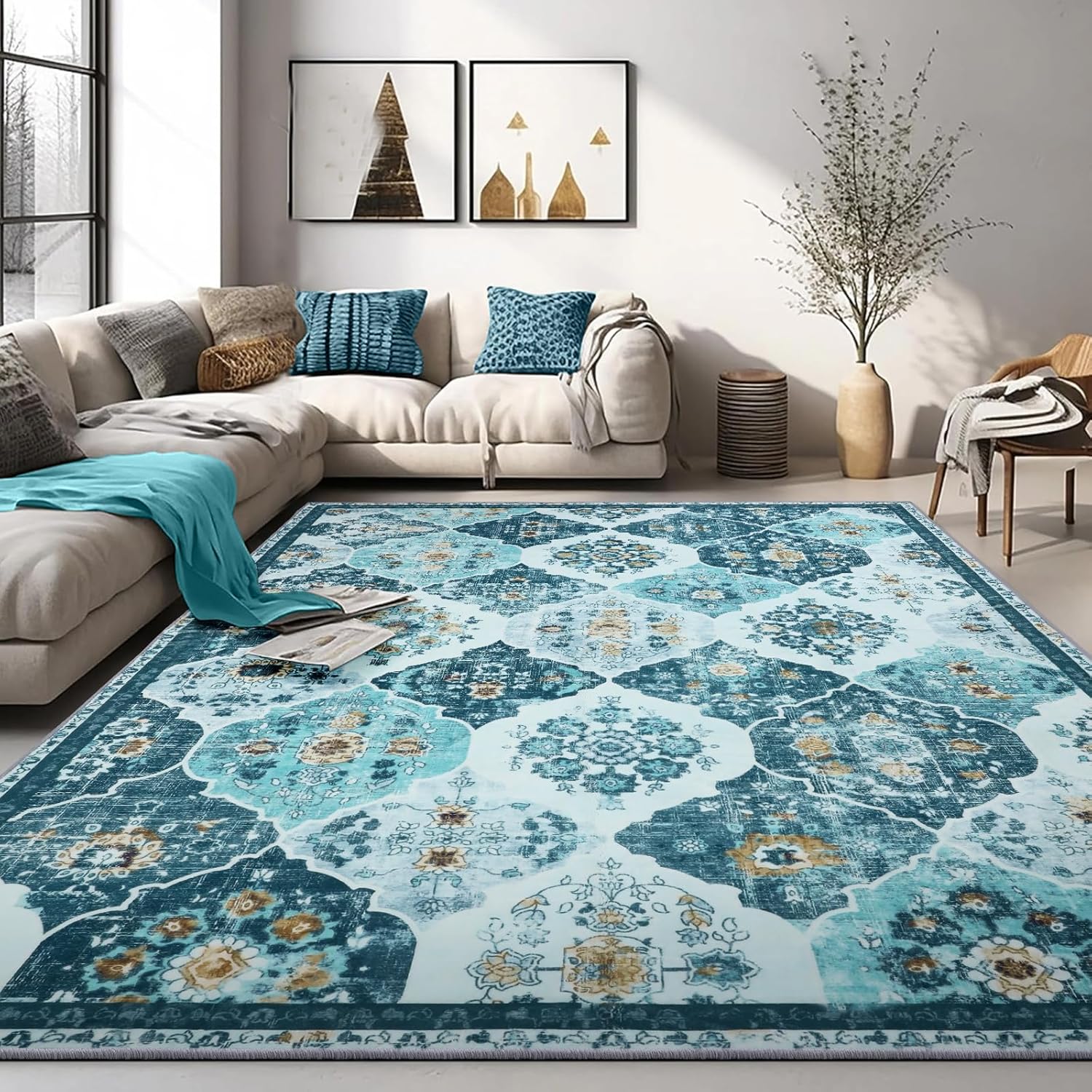6x9 Area Rug, Washable Boho Rugs for Living Room, Moroccan Trellis Bohemian Soft Large Non-Slip Carpet for Dining Room Home Office Bedroom - Teal/Multi