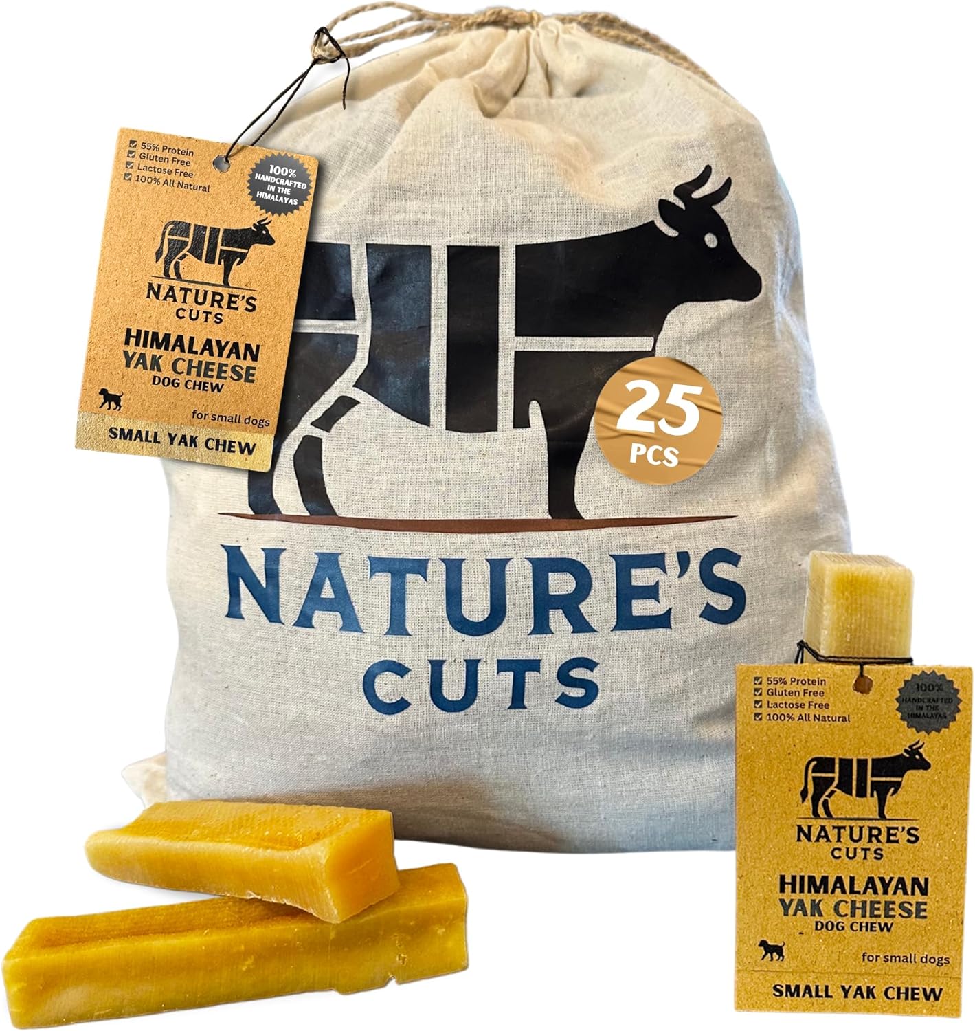 Nature's Cuts – 25-Pack Small Yak Cheese Chews (Avg. 45g Each) in Branded Cotton Bag 100% All-Natural | Individually Tagged | Retail-Ready | Handmade in Nepal