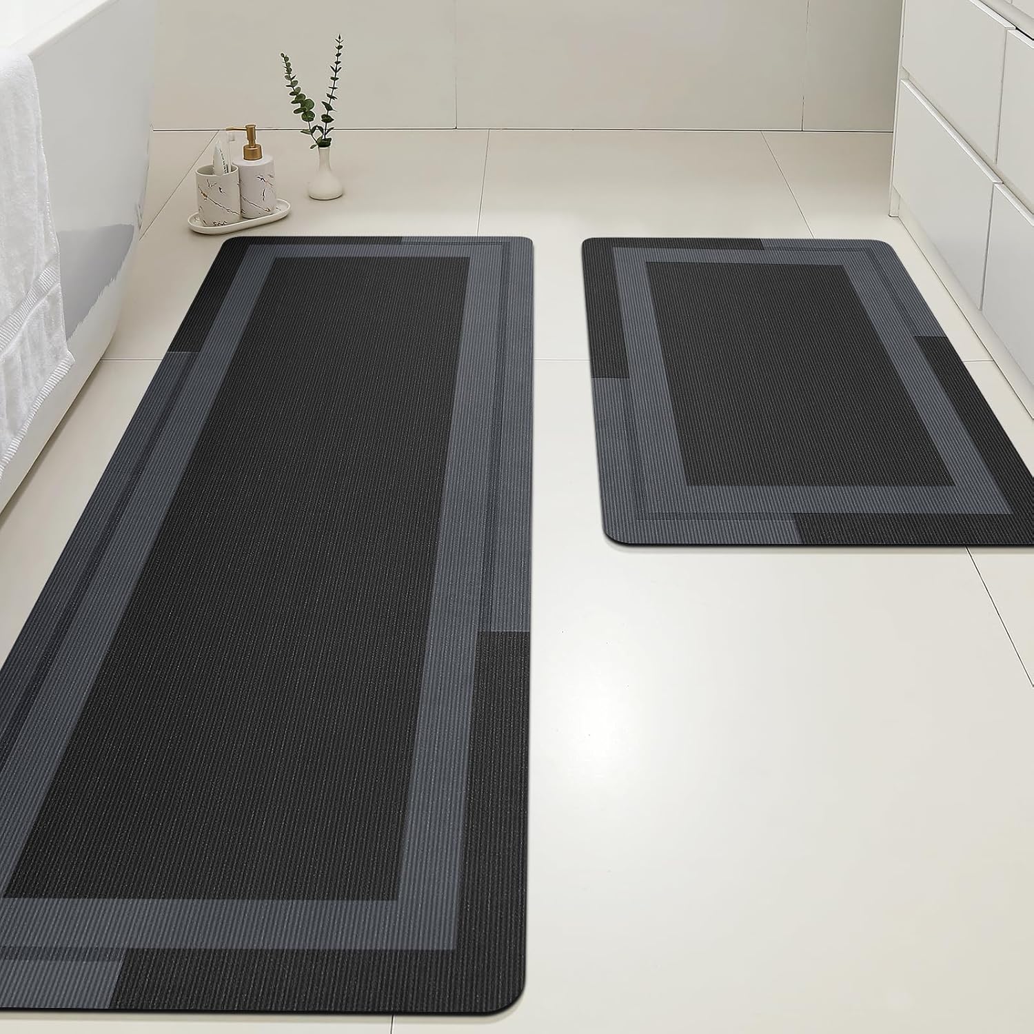 Ultra Thin Bath Mat, Upgrade Backing Non Slip Thin Bath Mats Fit Under Door, Quick Dry Ultra Absorbent Bathroom Rugs, Machine Washable Bath Rugs for Bathroom, Bathtub, Black/Bordered/24"x17"+48"x20"