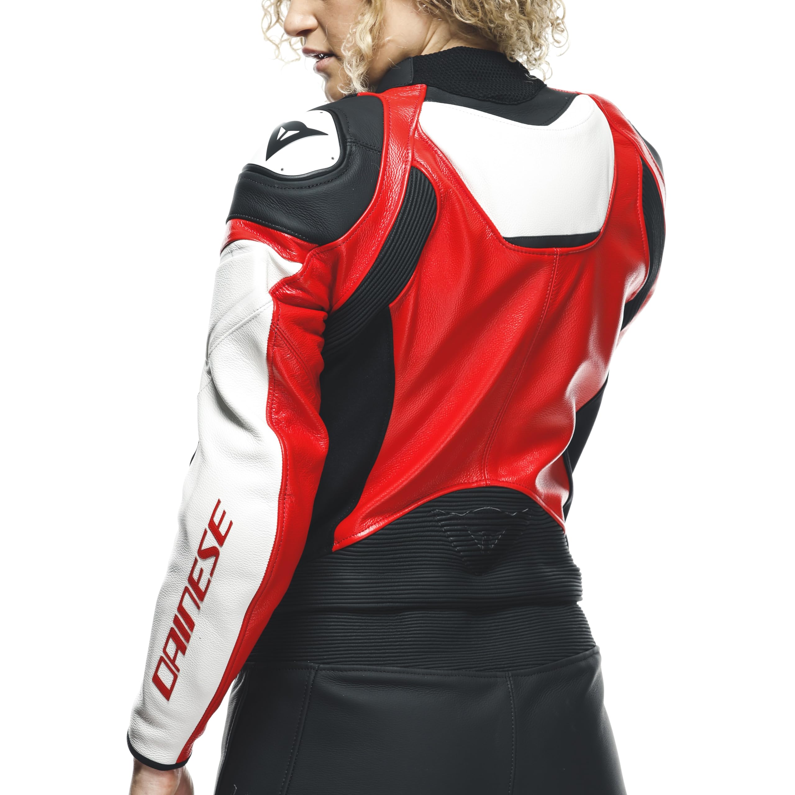 Dainese Mirage Lady - Tuta da moto da donna, 2 pezzi, in pelle, colore nero/rosso lava/bianco, 23