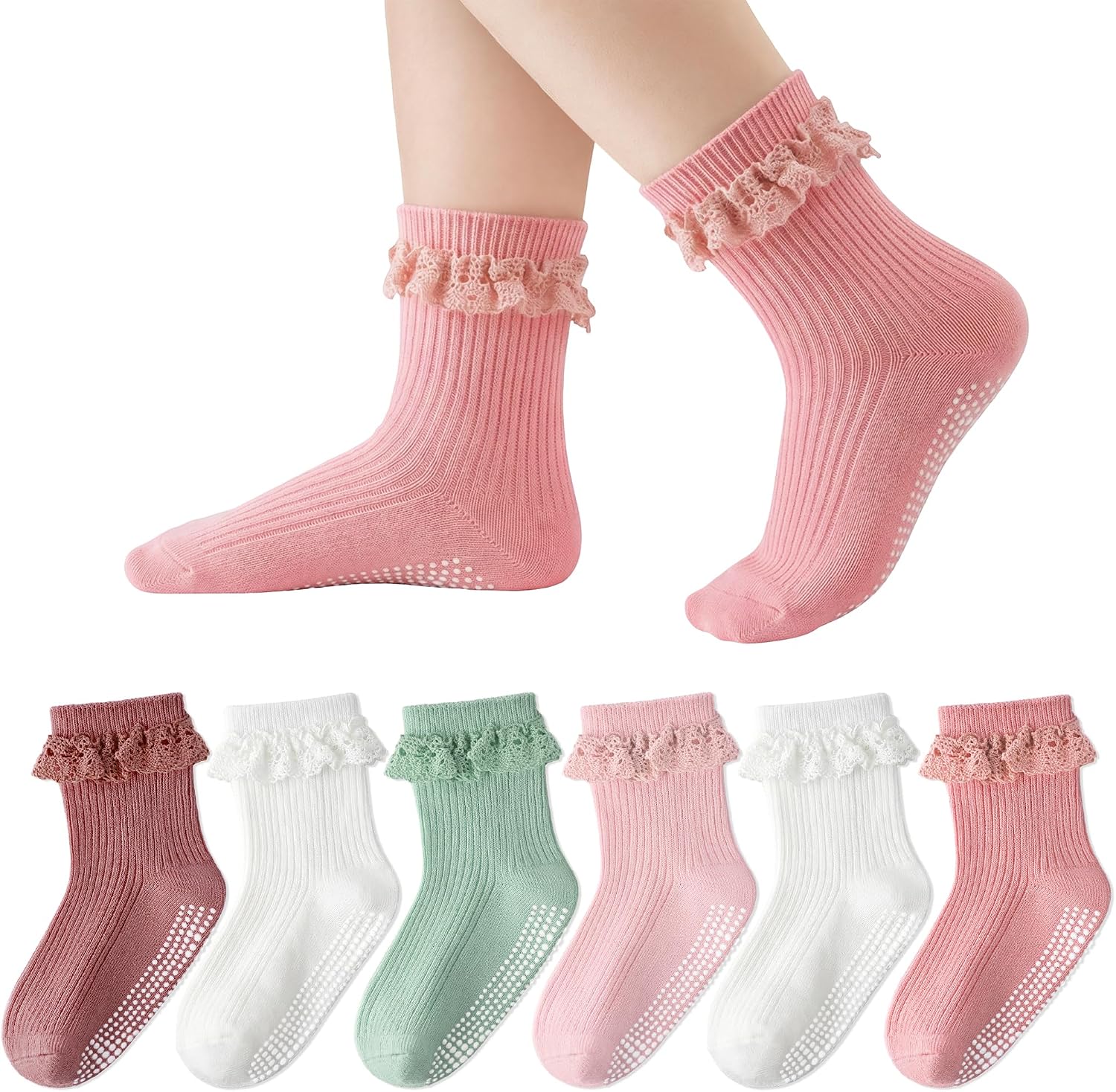 HONGTEYA Toddler Grip Socks Baby Girl with Non Slip Socks for Infant Ruffle Ankle Cotton Sock 0-5 Years