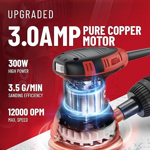 Miniatura 2 de Lijadora orbital aleatoria, lijadora de palma con cable de 3.0 amperios, 6 velocidades máximas 12,000 OPM, 5 pulgadas con 10 papeles de lija, bolsa